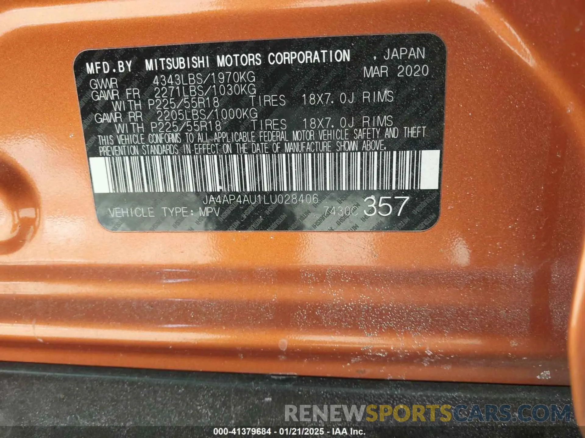 9 Photograph of a damaged car JA4AP4AU1LU028406 MITSUBISHI OUTLANDER SPORT 2020