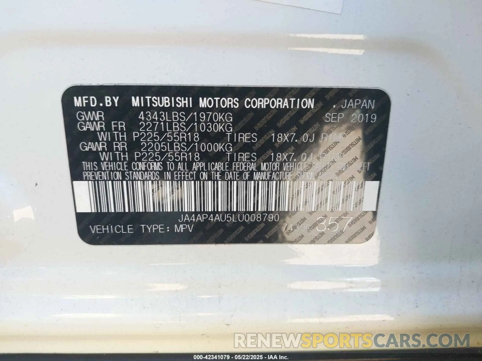 9 Photograph of a damaged car JA4AP4AU5LU008790 MITSUBISHI OUTLANDER SPORT 2020