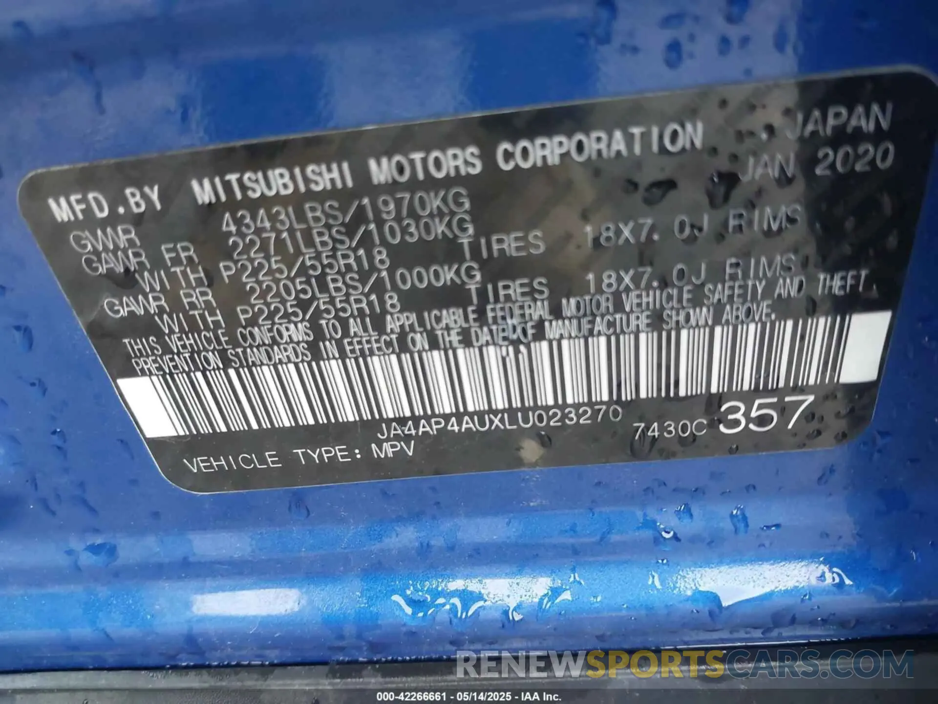 9 Photograph of a damaged car JA4AP4AUXLU023270 MITSUBISHI OUTLANDER SPORT 2020