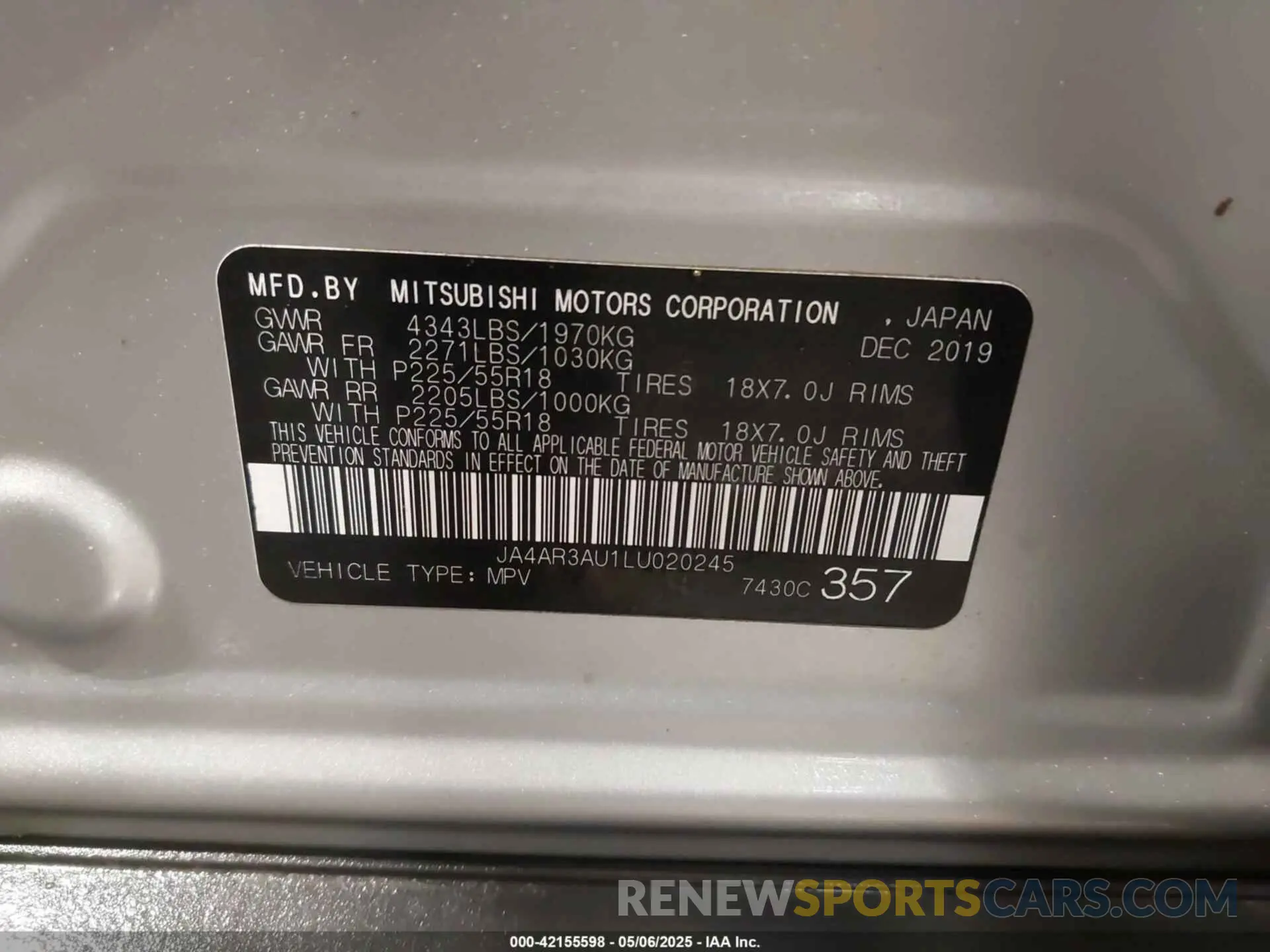 9 Photograph of a damaged car JA4AR3AU1LU020245 MITSUBISHI OUTLANDER SPORT 2020