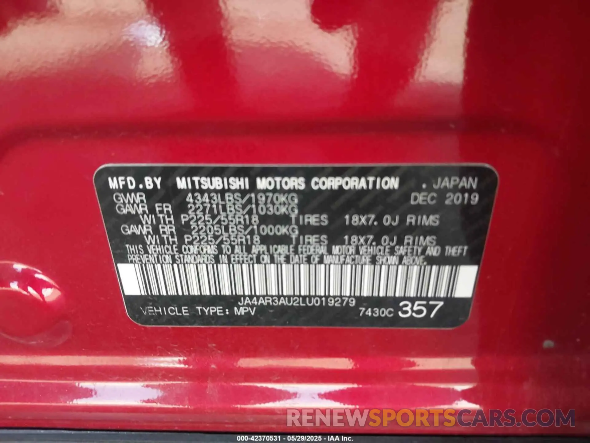 9 Photograph of a damaged car JA4AR3AU2LU019279 MITSUBISHI OUTLANDER SPORT 2020