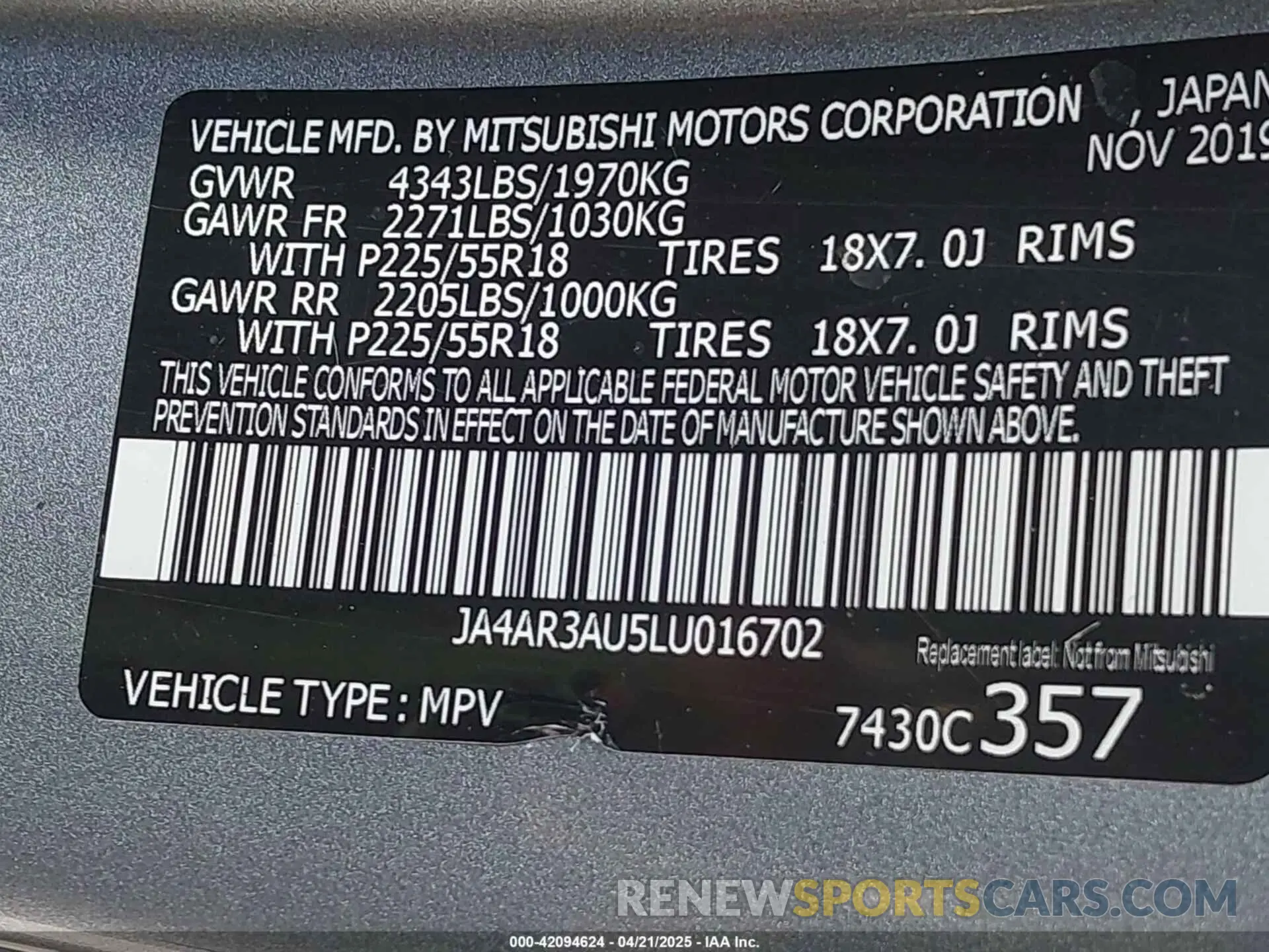 9 Photograph of a damaged car JA4AR3AU5LU016702 MITSUBISHI OUTLANDER SPORT 2020