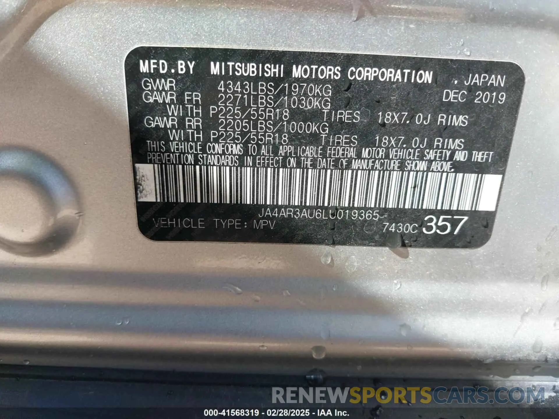9 Photograph of a damaged car JA4AR3AU6LU019365 MITSUBISHI OUTLANDER SPORT 2020
