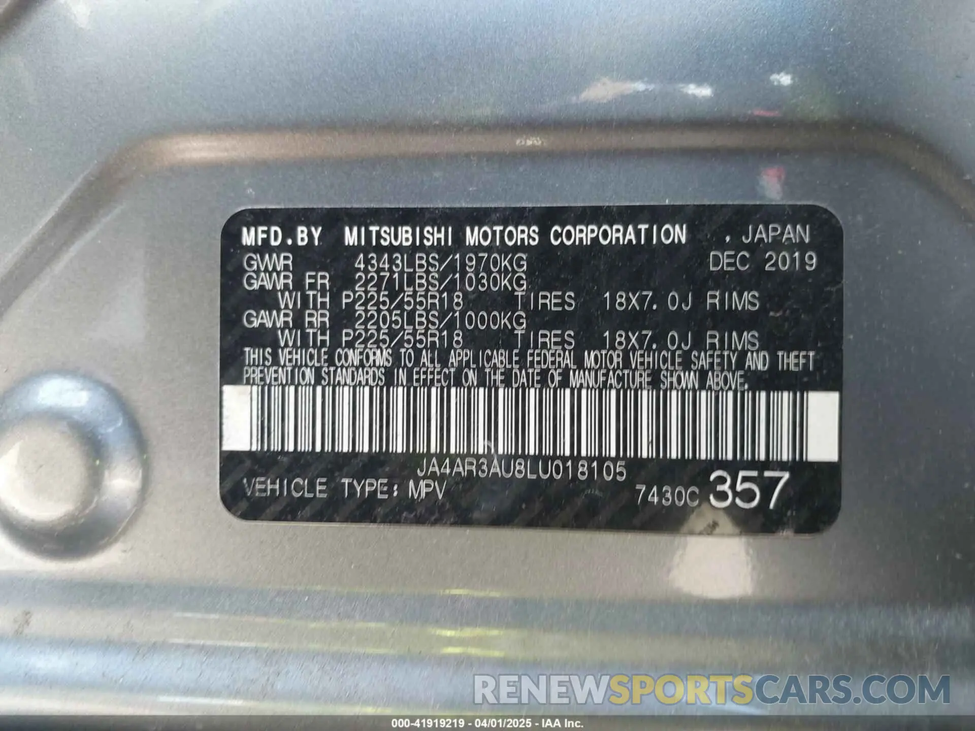 9 Photograph of a damaged car JA4AR3AU8LU018105 MITSUBISHI OUTLANDER SPORT 2020