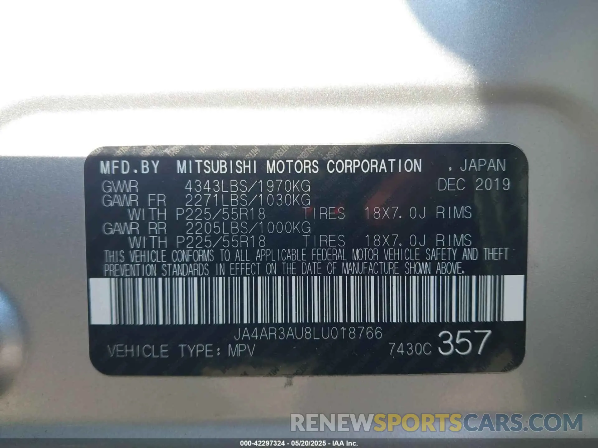 9 Photograph of a damaged car JA4AR3AU8LU018766 MITSUBISHI OUTLANDER SPORT 2020