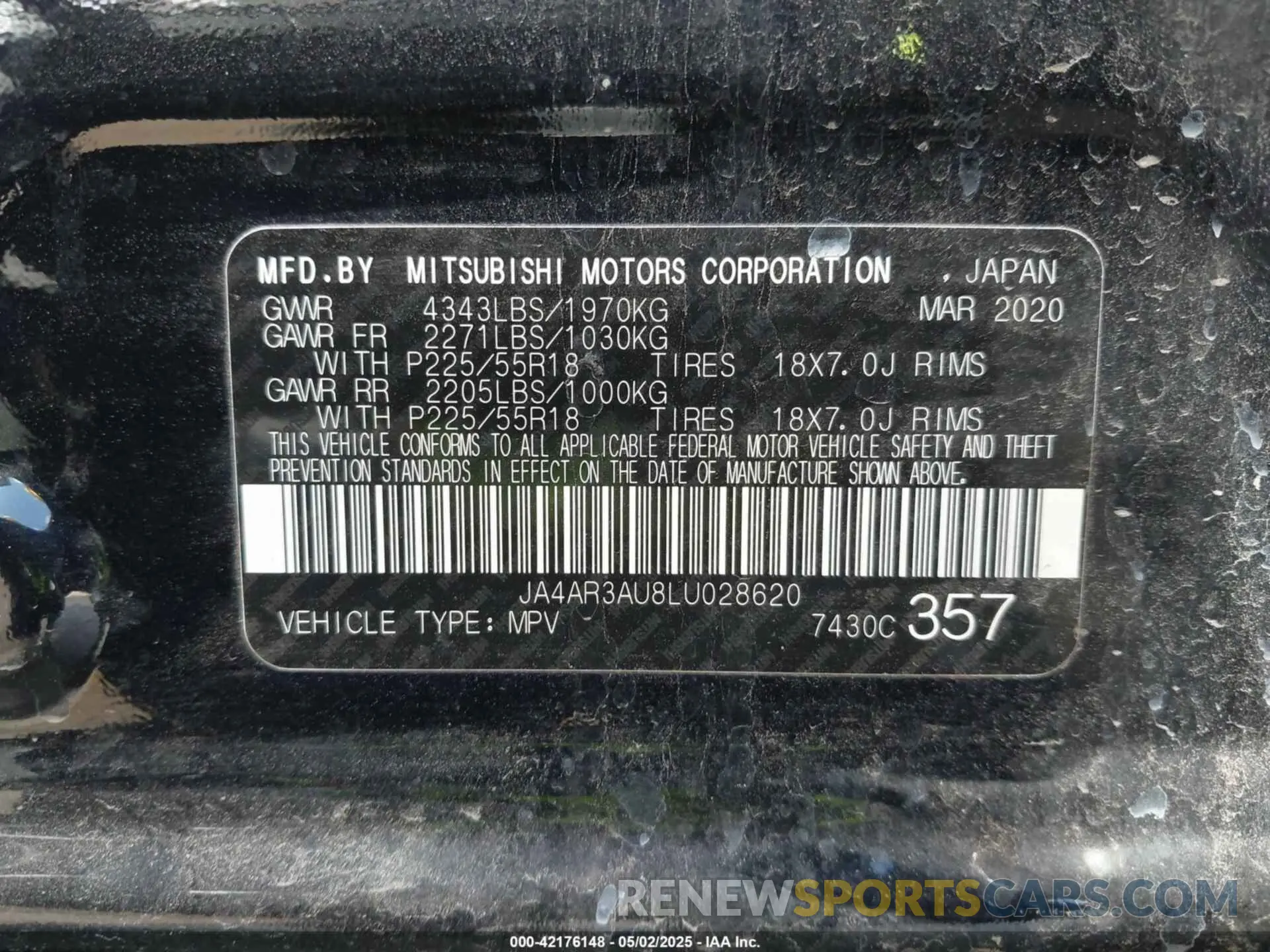 9 Photograph of a damaged car JA4AR3AU8LU028620 MITSUBISHI OUTLANDER SPORT 2020