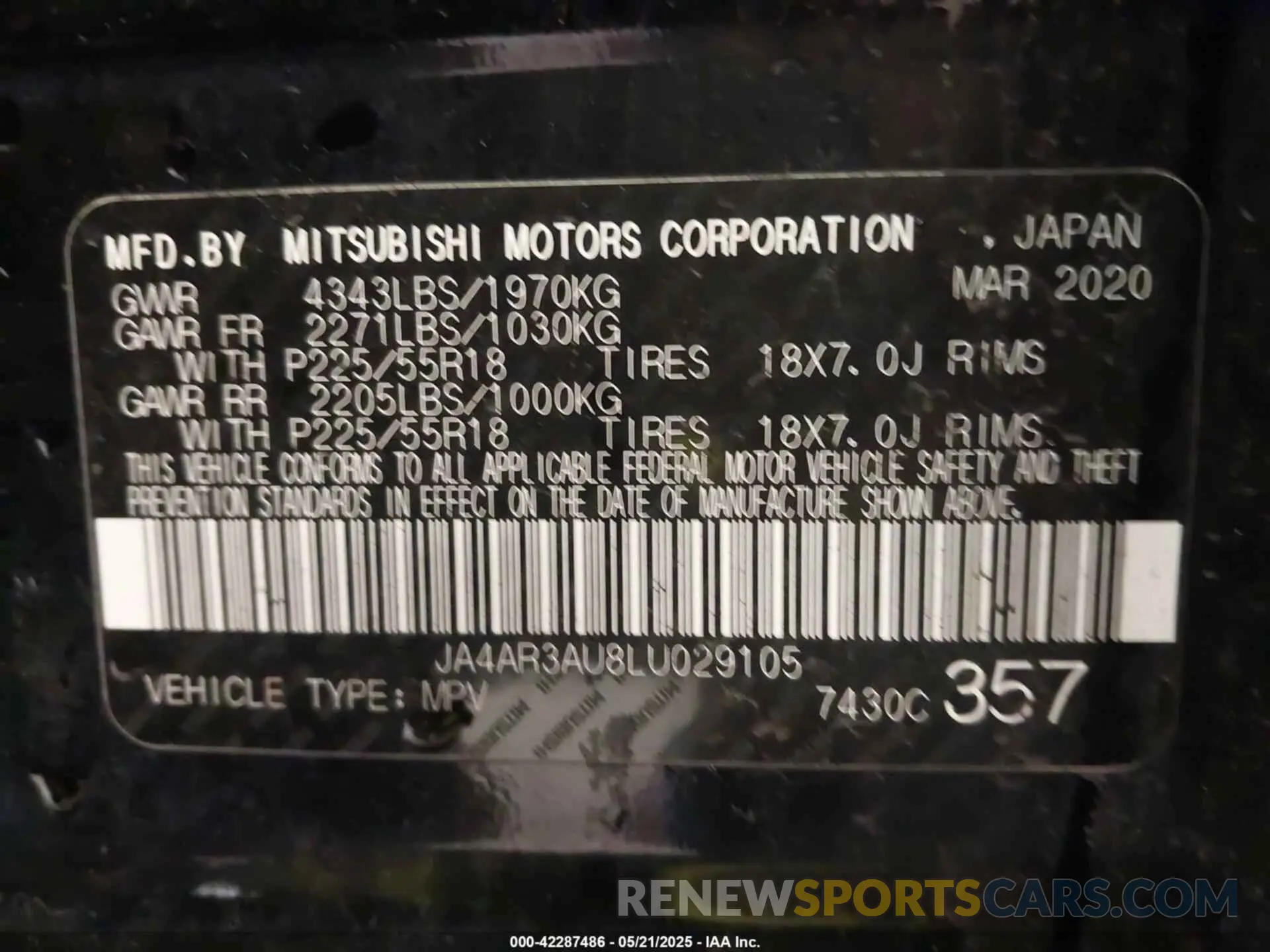 9 Photograph of a damaged car JA4AR3AU8LU029105 MITSUBISHI OUTLANDER SPORT 2020