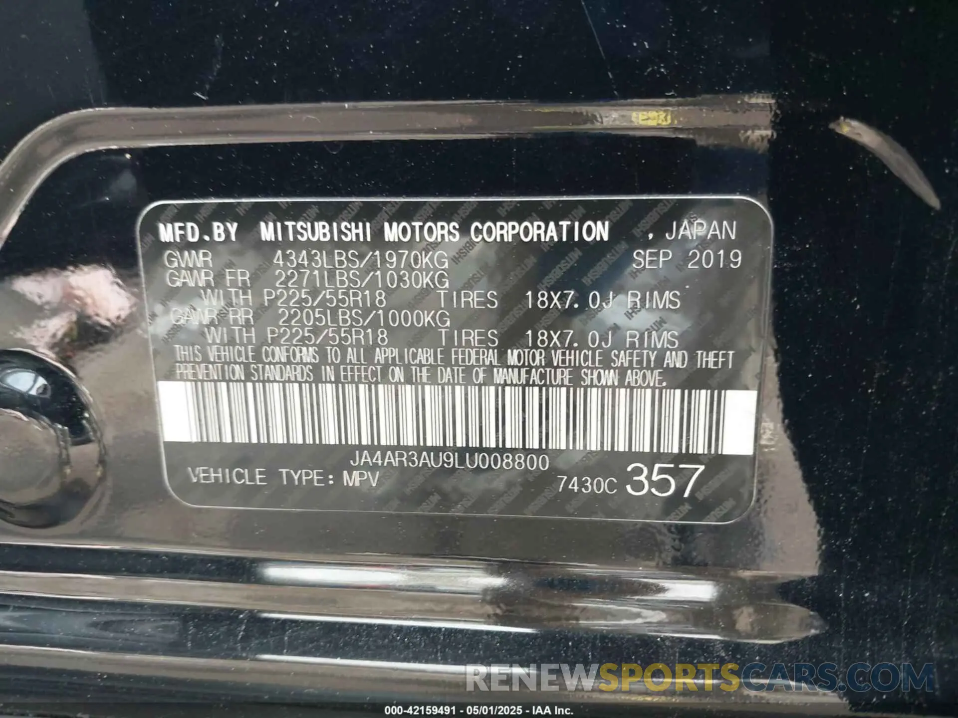 9 Photograph of a damaged car JA4AR3AU9LU008800 MITSUBISHI OUTLANDER SPORT 2020