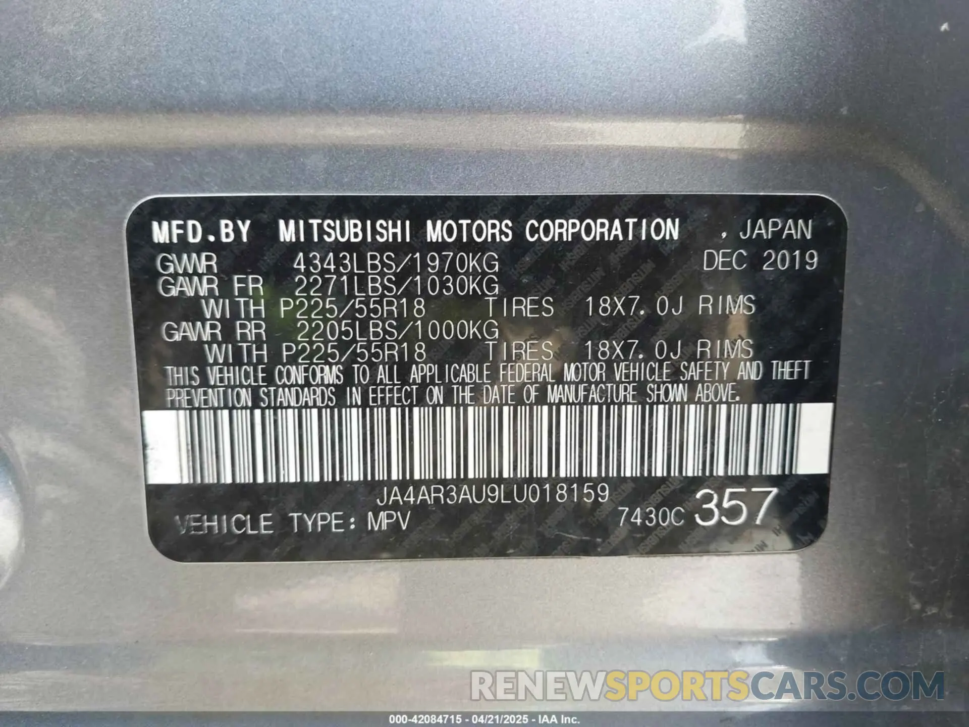 9 Photograph of a damaged car JA4AR3AU9LU018159 MITSUBISHI OUTLANDER SPORT 2020