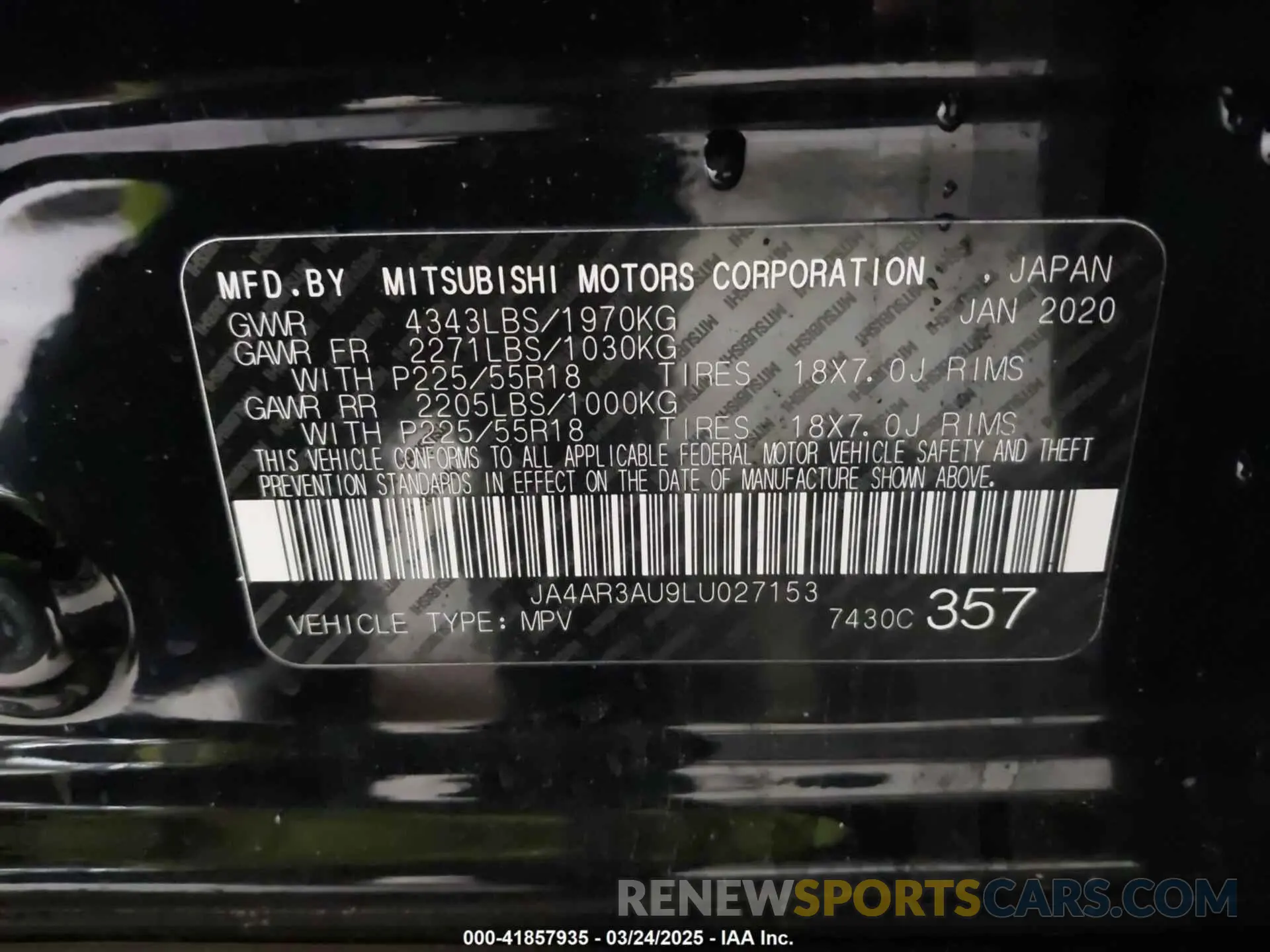 9 Photograph of a damaged car JA4AR3AU9LU027153 MITSUBISHI OUTLANDER SPORT 2020