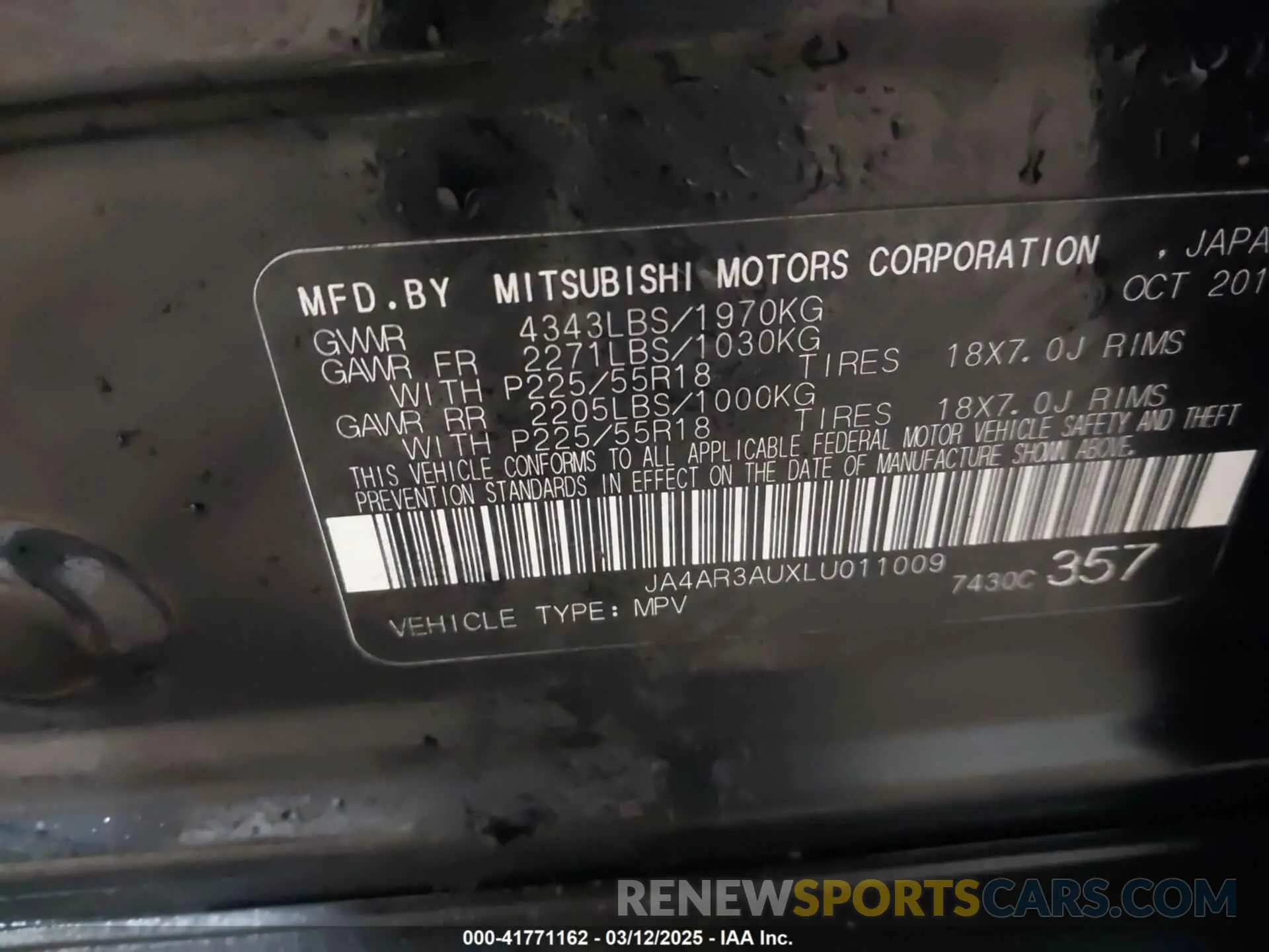 9 Photograph of a damaged car JA4AR3AUXLU011009 MITSUBISHI OUTLANDER SPORT 2020