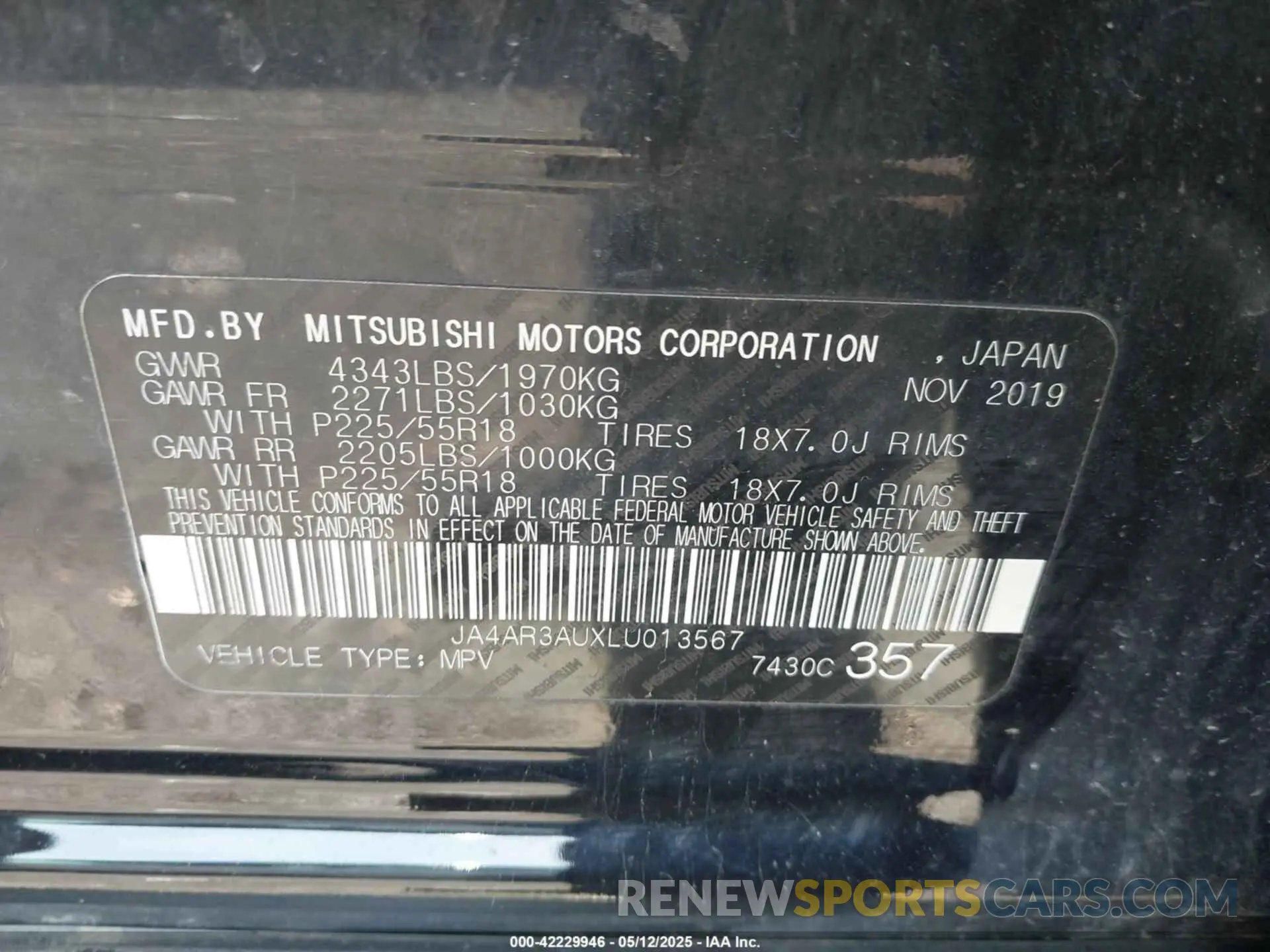 9 Photograph of a damaged car JA4AR3AUXLU013567 MITSUBISHI OUTLANDER SPORT 2020