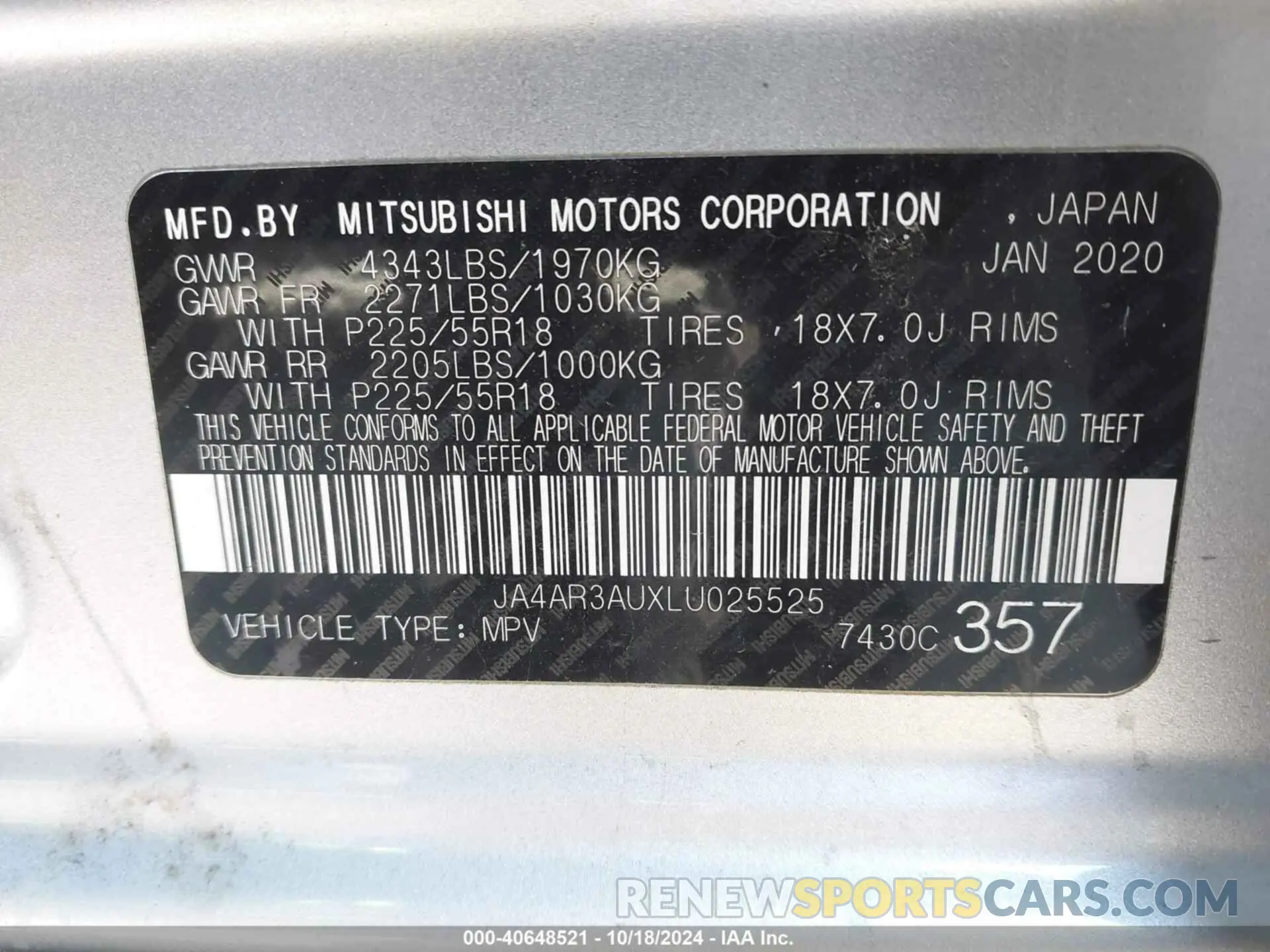 9 Photograph of a damaged car JA4AR3AUXLU025525 MITSUBISHI OUTLANDER SPORT 2020