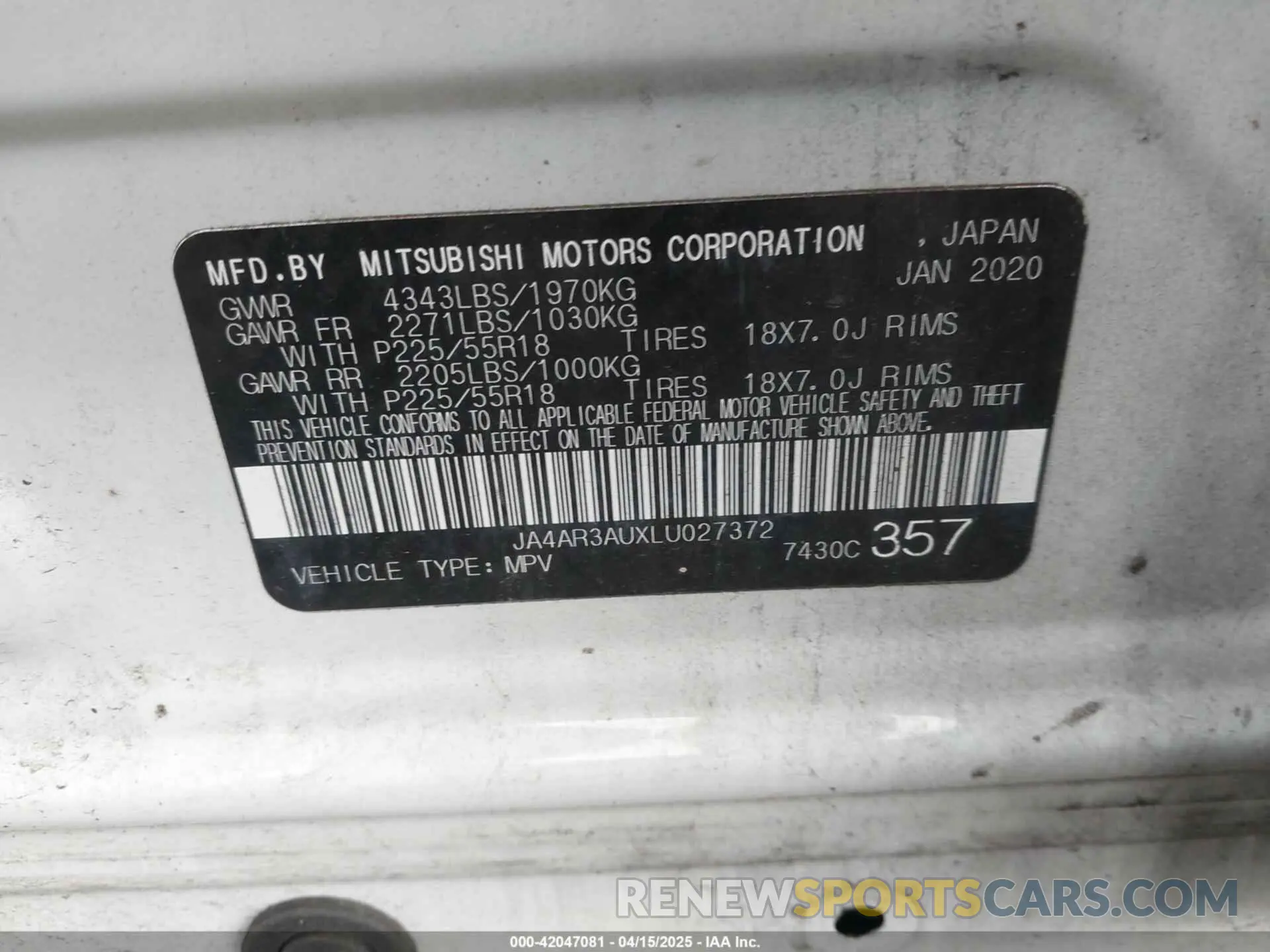 9 Photograph of a damaged car JA4AR3AUXLU027372 MITSUBISHI OUTLANDER SPORT 2020