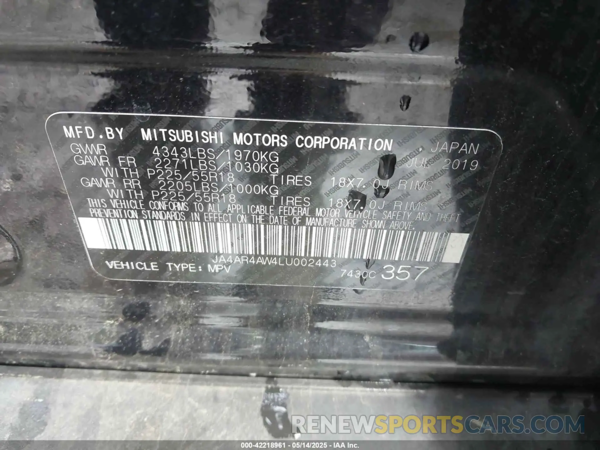 9 Photograph of a damaged car JA4AR4AW4LU002443 MITSUBISHI OUTLANDER SPORT 2020