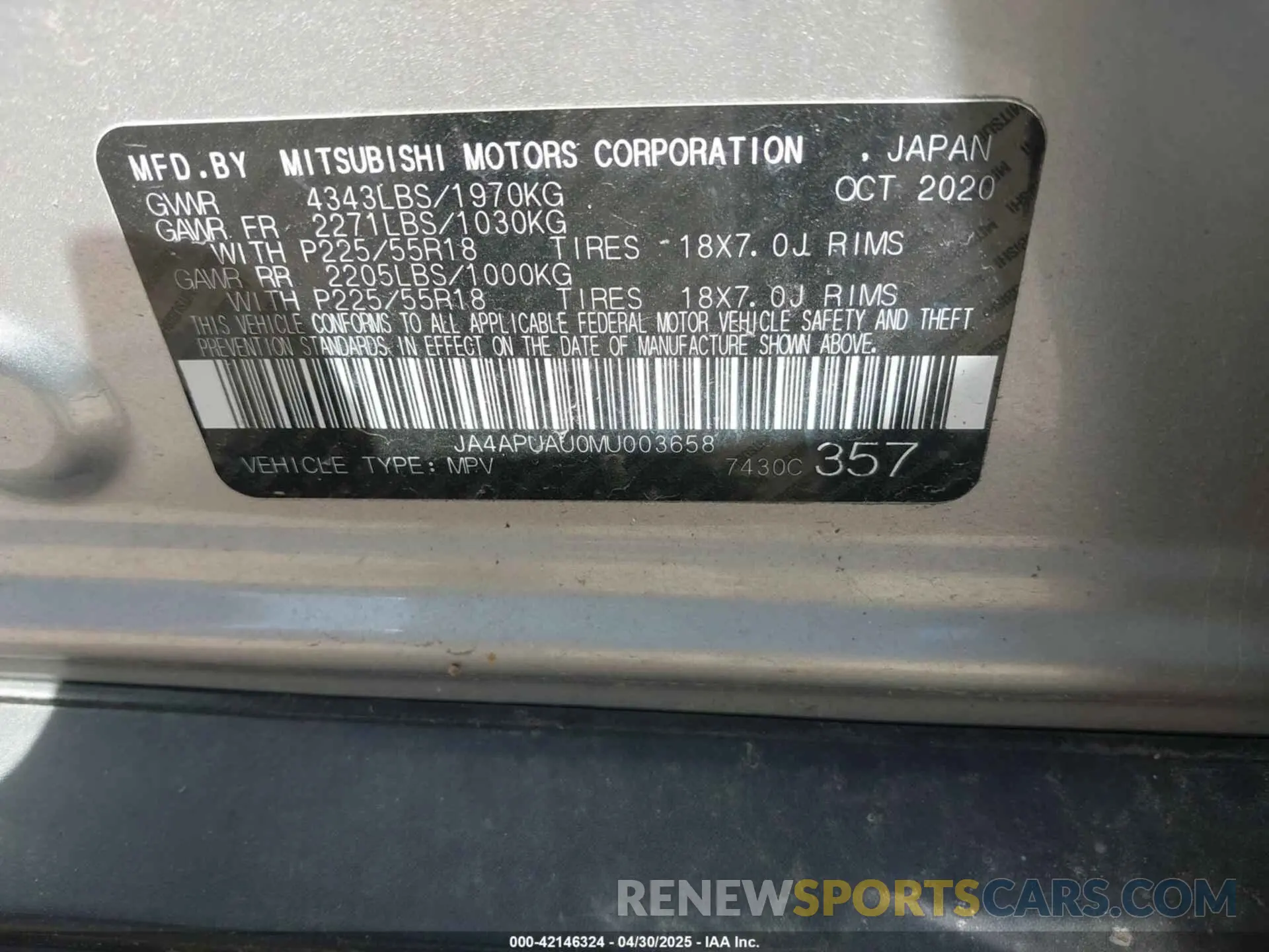 9 Photograph of a damaged car JA4APUAU0MU003658 MITSUBISHI OUTLANDER SPORT 2021