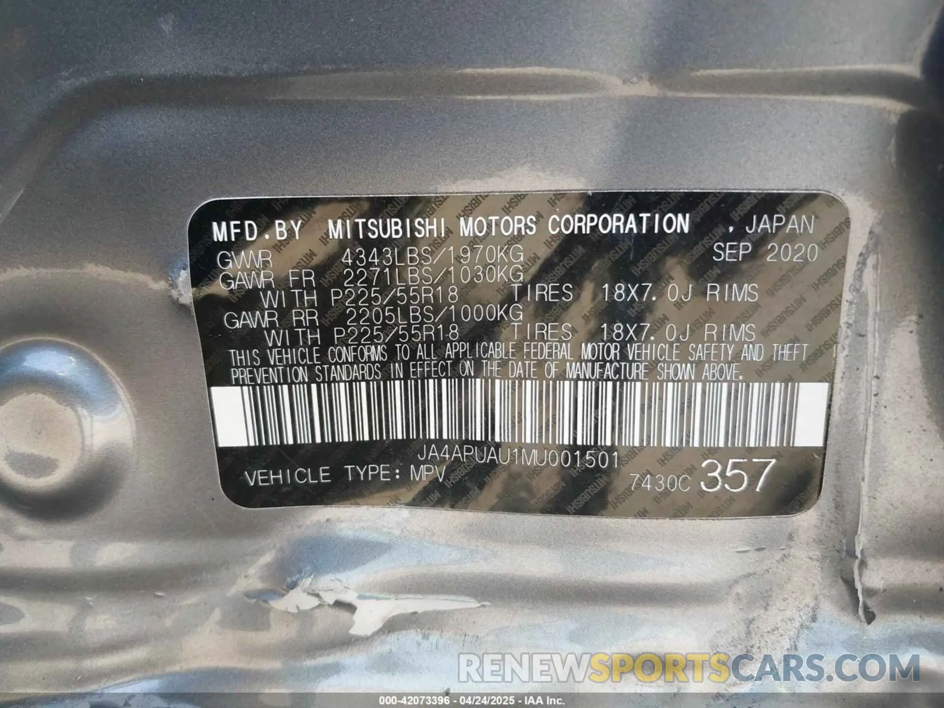 9 Photograph of a damaged car JA4APUAU1MU001501 MITSUBISHI OUTLANDER SPORT 2021