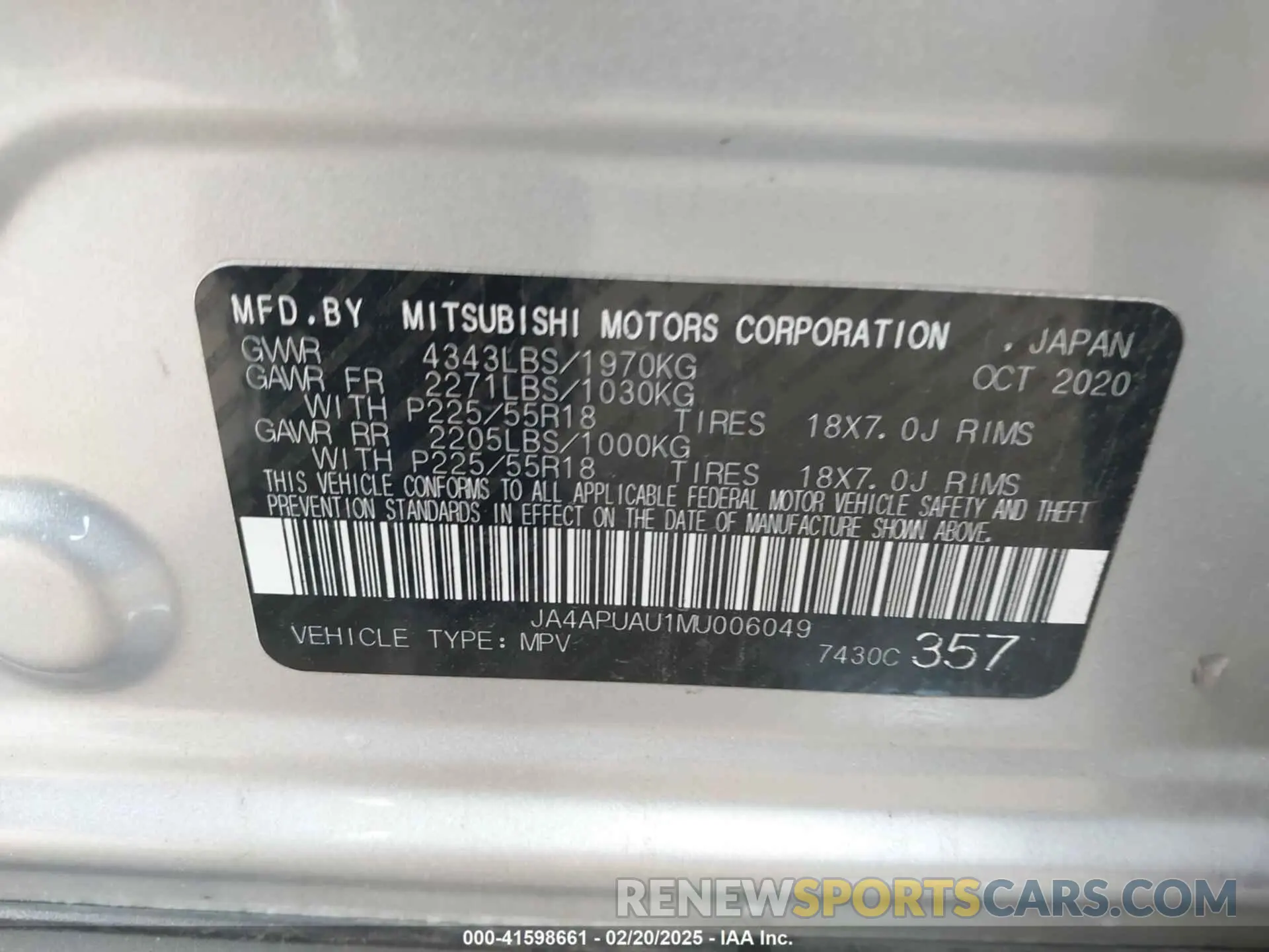 9 Photograph of a damaged car JA4APUAU1MU006049 MITSUBISHI OUTLANDER SPORT 2021