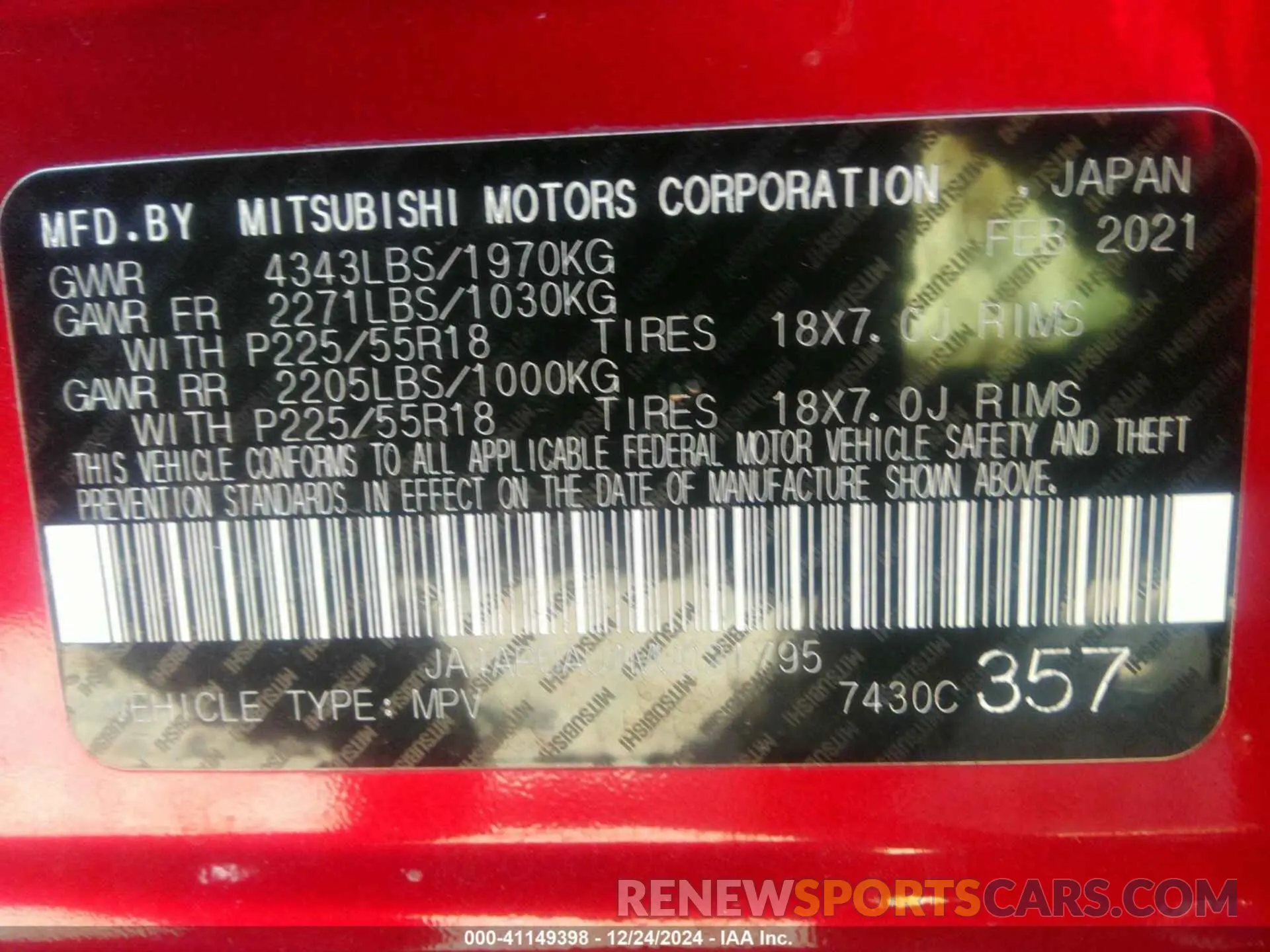 9 Photograph of a damaged car JA4APUAU1MU021795 MITSUBISHI OUTLANDER SPORT 2021