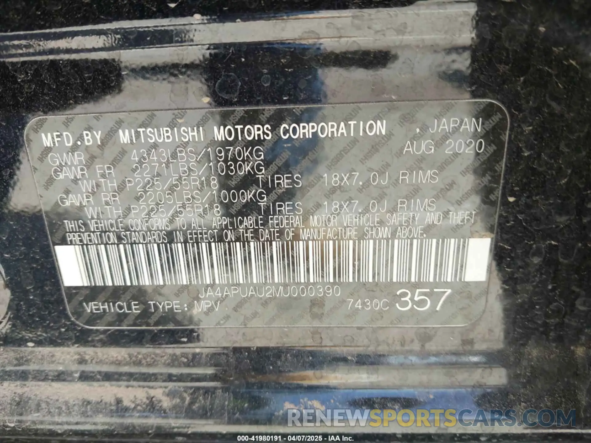 9 Photograph of a damaged car JA4APUAU2MU000390 MITSUBISHI OUTLANDER SPORT 2021