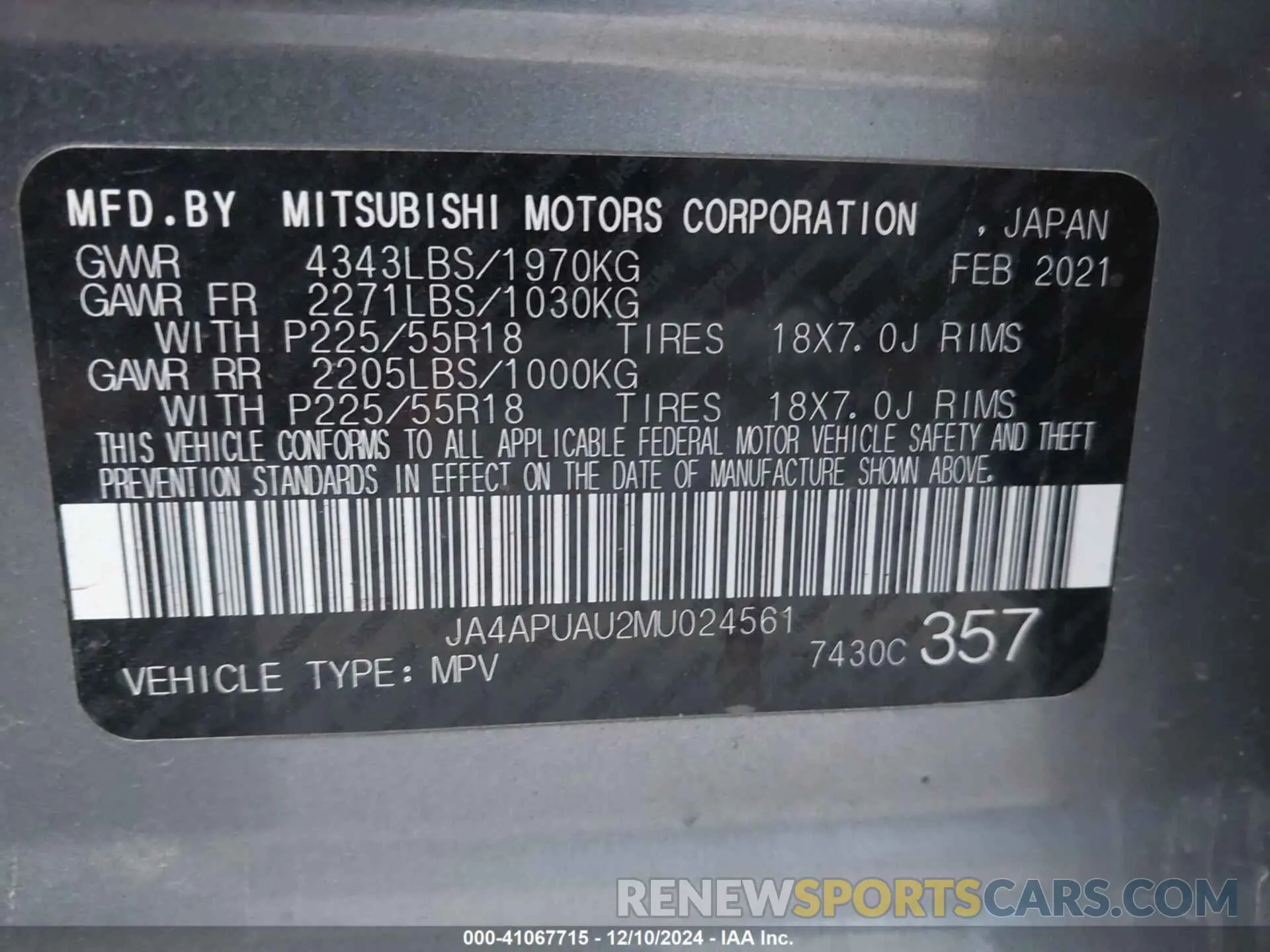 9 Photograph of a damaged car JA4APUAU2MU024561 MITSUBISHI OUTLANDER SPORT 2021
