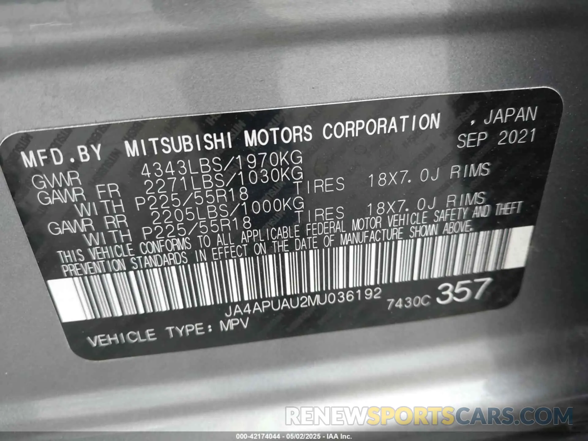9 Photograph of a damaged car JA4APUAU2MU036192 MITSUBISHI OUTLANDER SPORT 2021