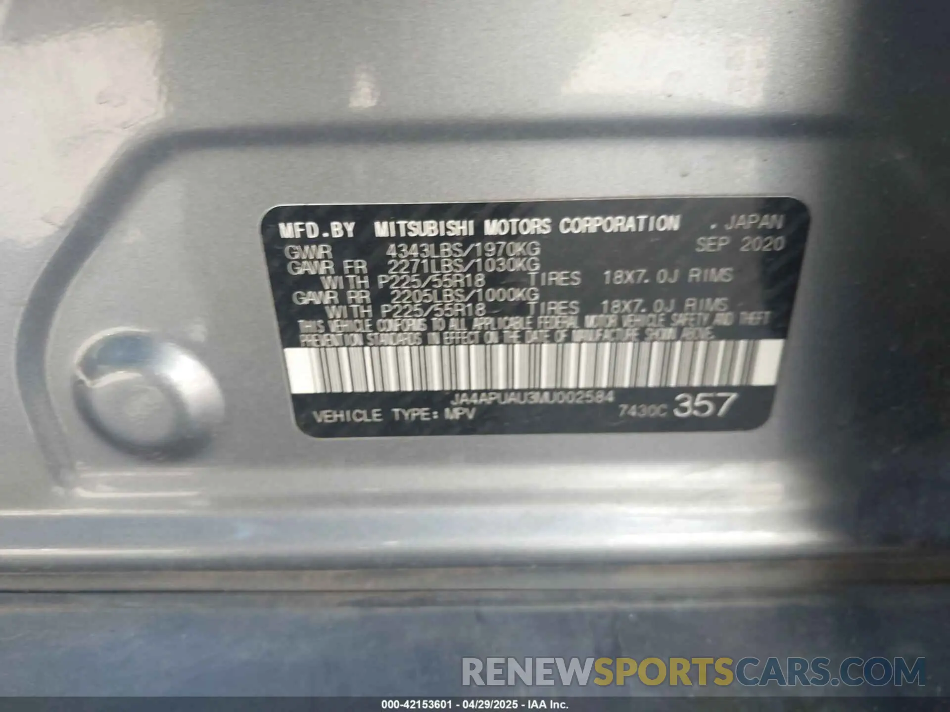 9 Photograph of a damaged car JA4APUAU3MU002584 MITSUBISHI OUTLANDER SPORT 2021