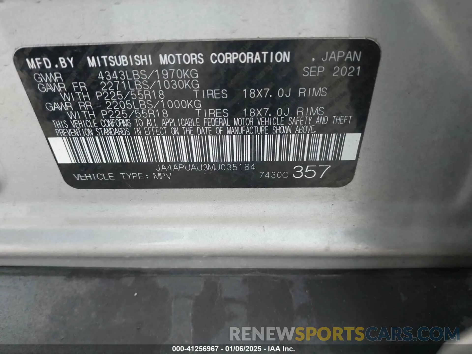 9 Photograph of a damaged car JA4APUAU3MU035164 MITSUBISHI OUTLANDER SPORT 2021