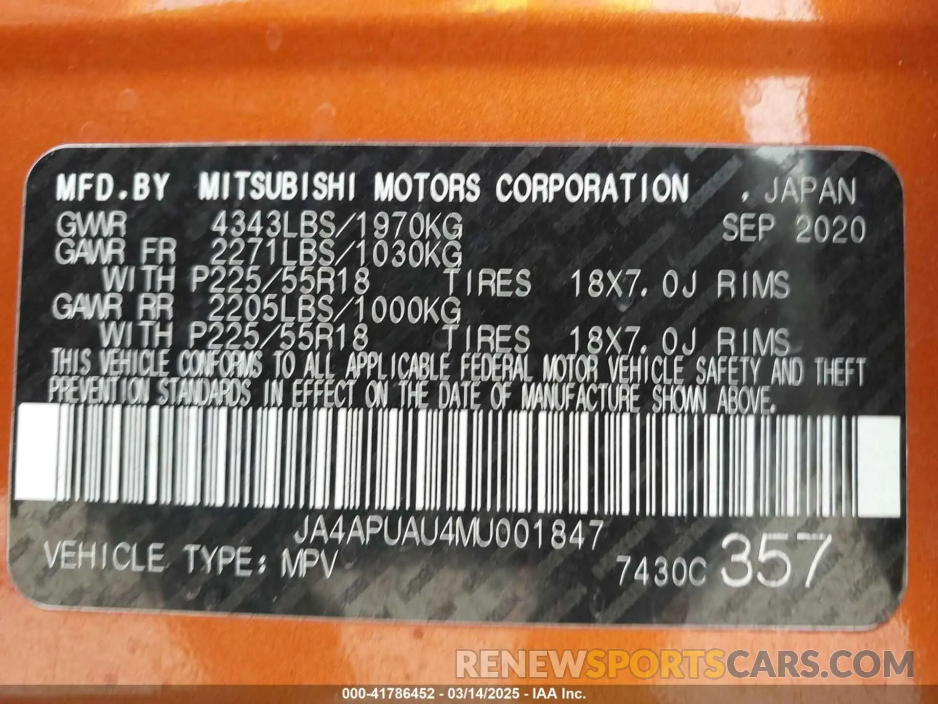 9 Photograph of a damaged car JA4APUAU4MU001847 MITSUBISHI OUTLANDER SPORT 2021