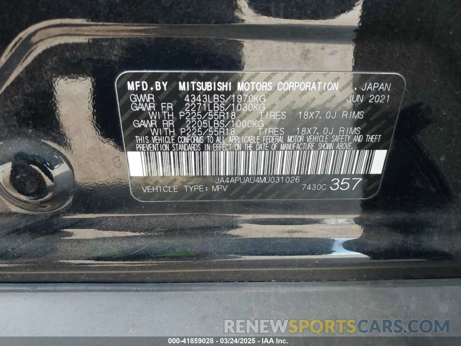 9 Photograph of a damaged car JA4APUAU4MU031026 MITSUBISHI OUTLANDER SPORT 2021