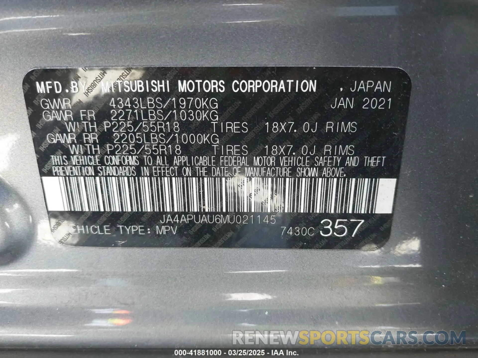 9 Photograph of a damaged car JA4APUAU6MU021145 MITSUBISHI OUTLANDER SPORT 2021