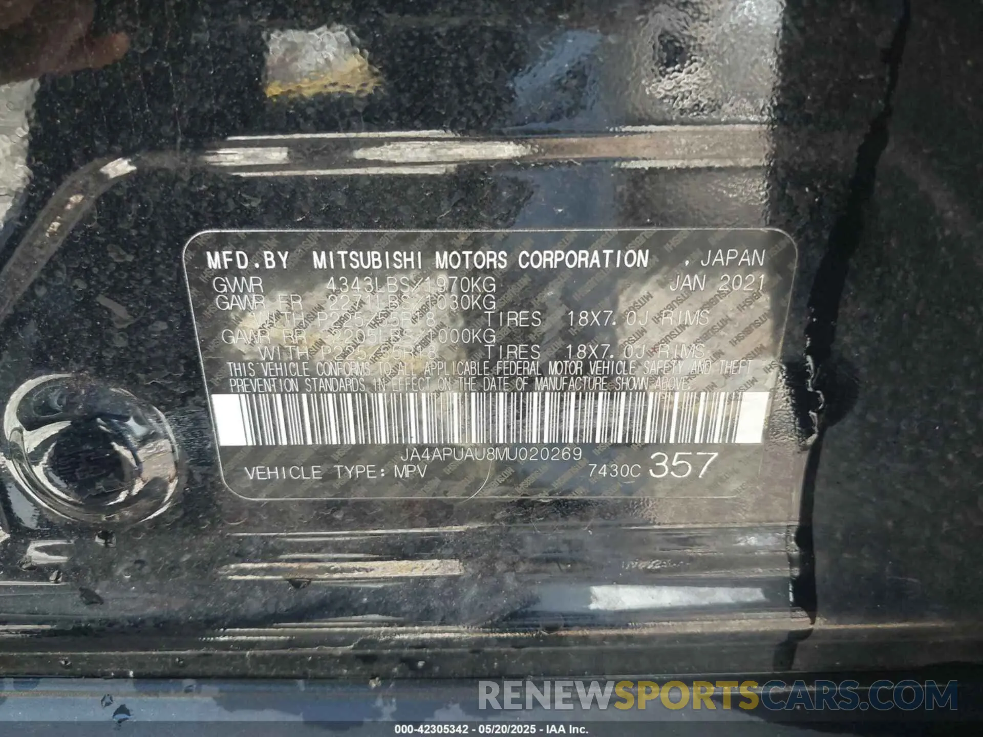 9 Photograph of a damaged car JA4APUAU8MU020269 MITSUBISHI OUTLANDER SPORT 2021