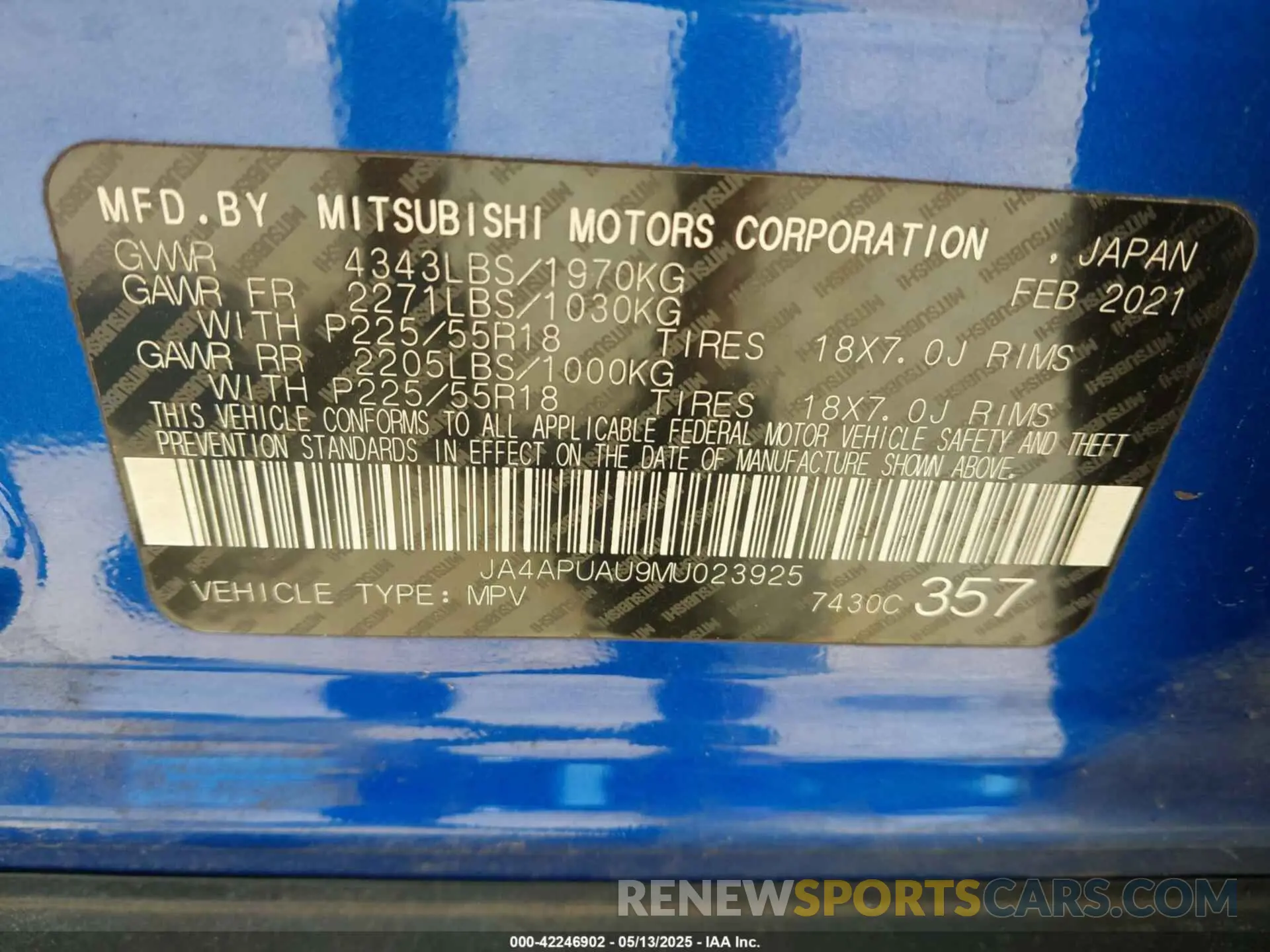 9 Photograph of a damaged car JA4APUAU9MU023925 MITSUBISHI OUTLANDER SPORT 2021