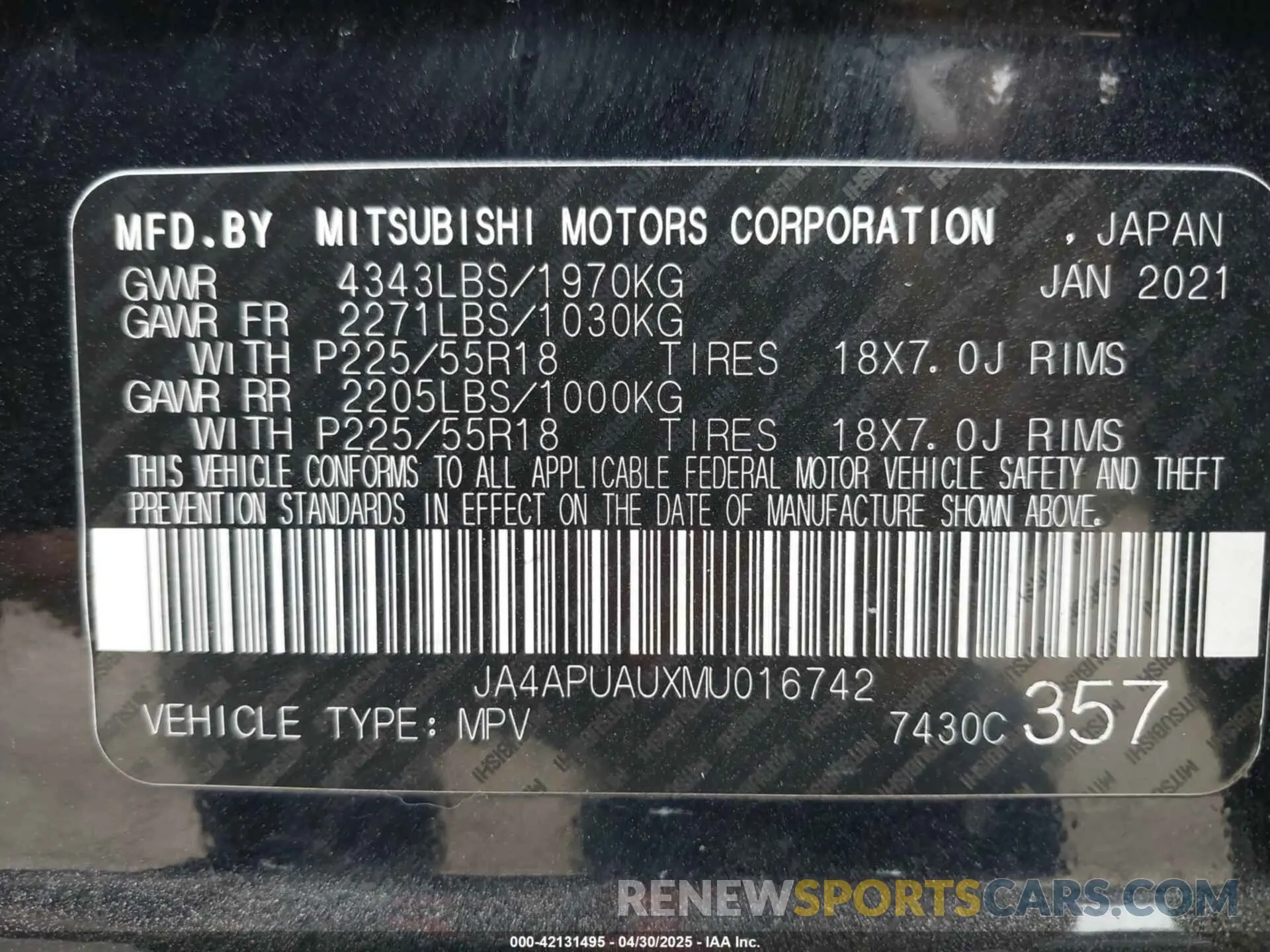 9 Photograph of a damaged car JA4APUAUXMU016742 MITSUBISHI OUTLANDER SPORT 2021