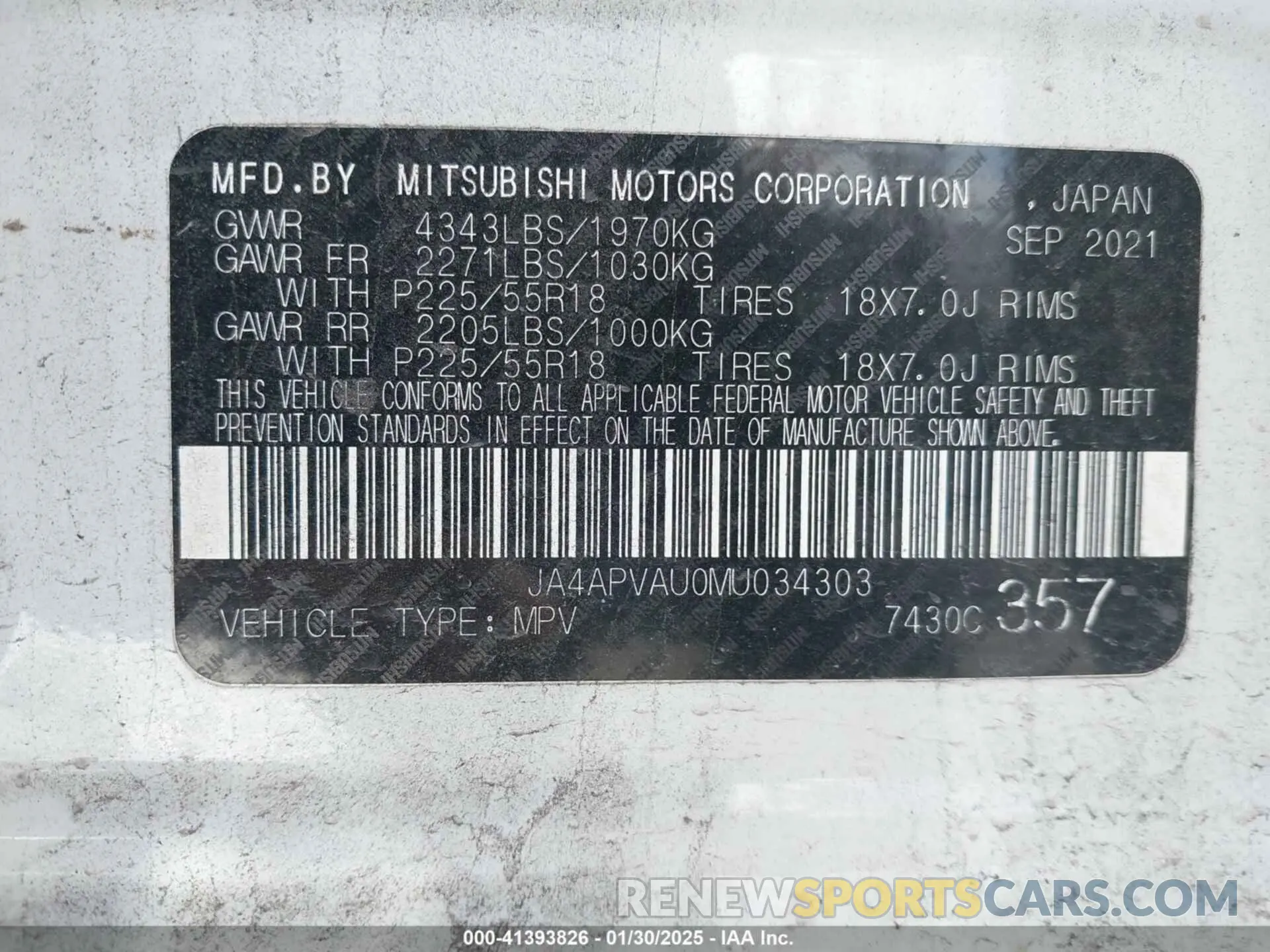 9 Photograph of a damaged car JA4APVAU0MU034303 MITSUBISHI OUTLANDER SPORT 2021