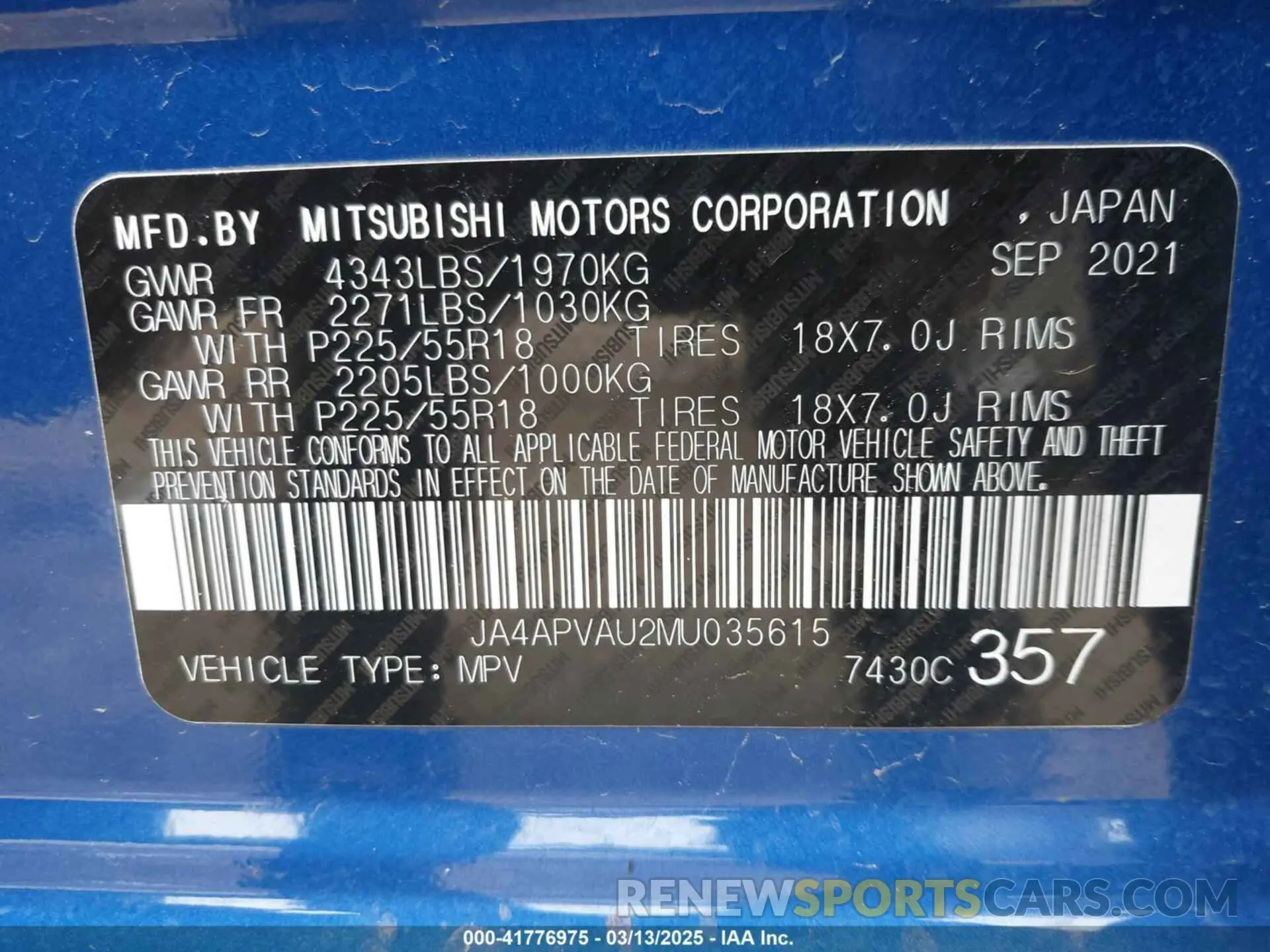 9 Photograph of a damaged car JA4APVAU2MU035615 MITSUBISHI OUTLANDER SPORT 2021