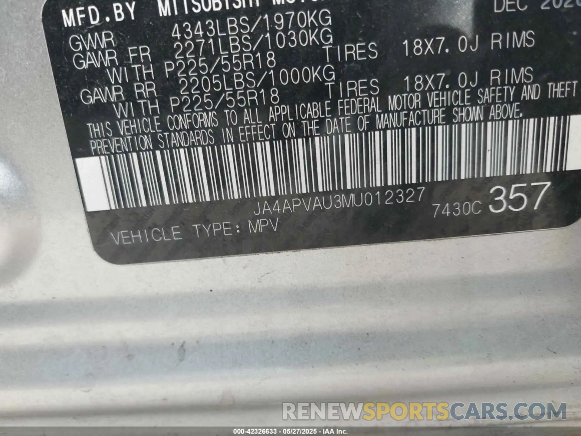 9 Photograph of a damaged car JA4APVAU3MU012327 MITSUBISHI OUTLANDER SPORT 2021