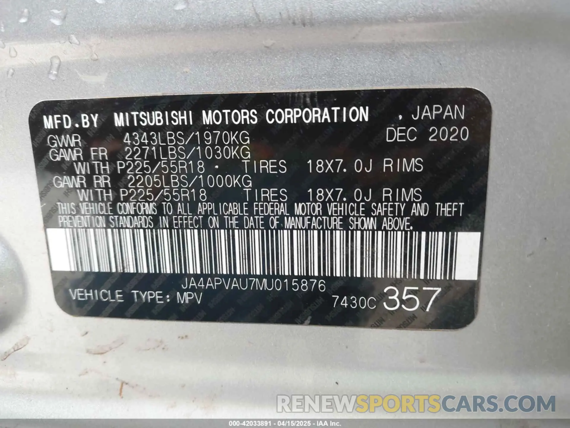 9 Photograph of a damaged car JA4APVAU7MU015876 MITSUBISHI OUTLANDER SPORT 2021