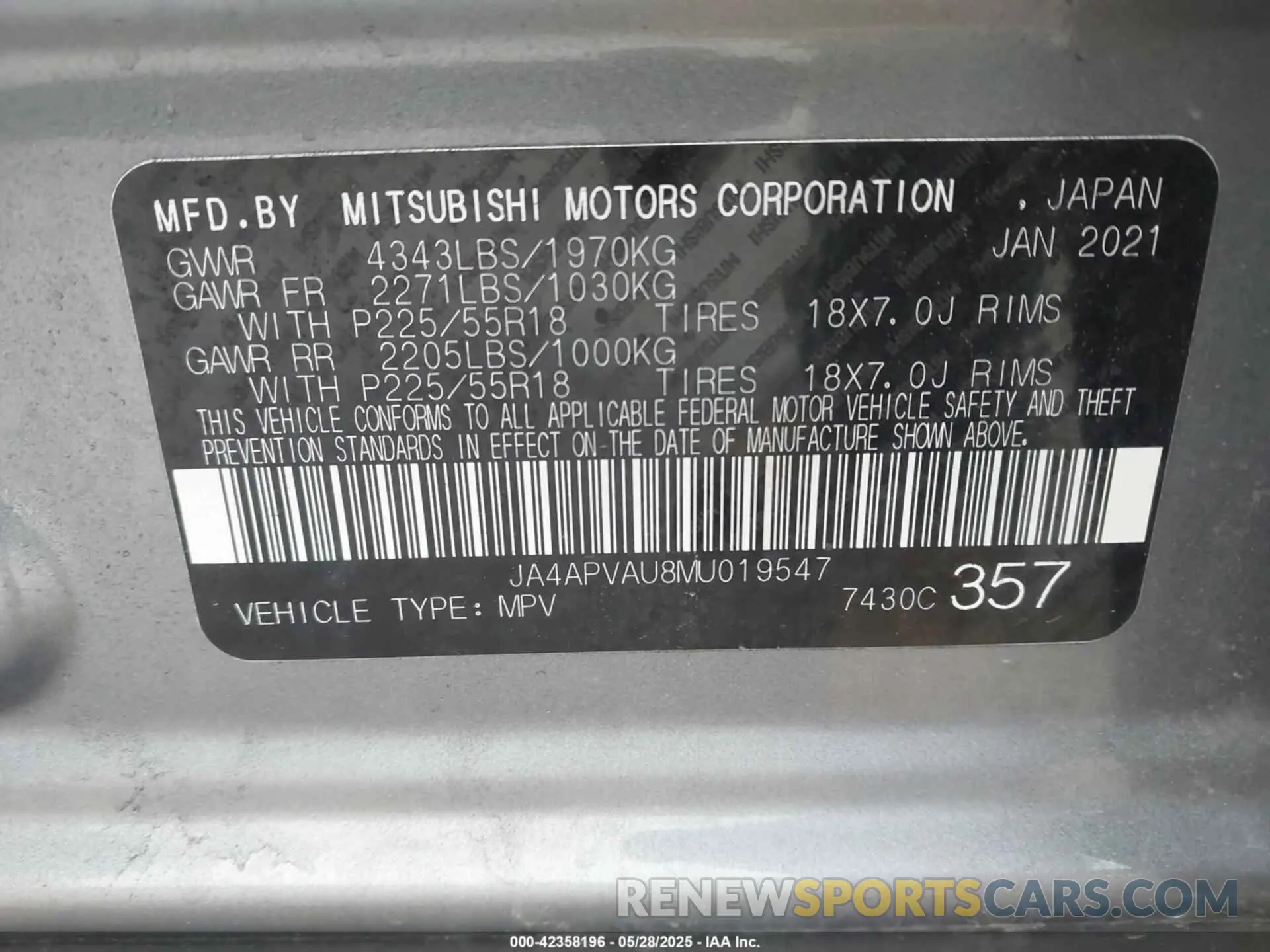 9 Photograph of a damaged car JA4APVAU8MU019547 MITSUBISHI OUTLANDER SPORT 2021