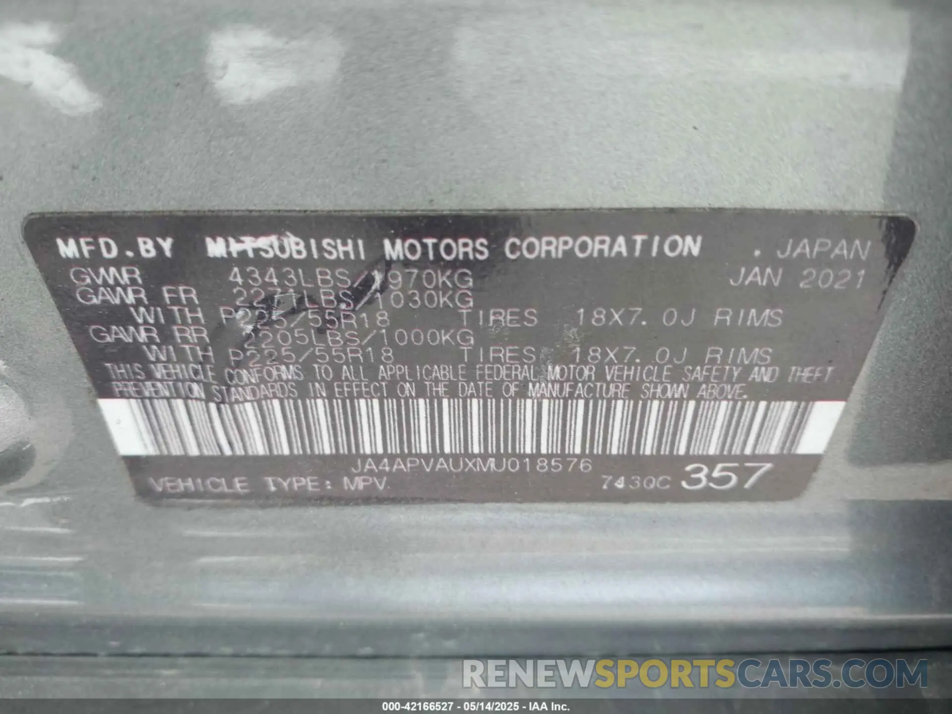 9 Photograph of a damaged car JA4APVAUXMU018576 MITSUBISHI OUTLANDER SPORT 2021