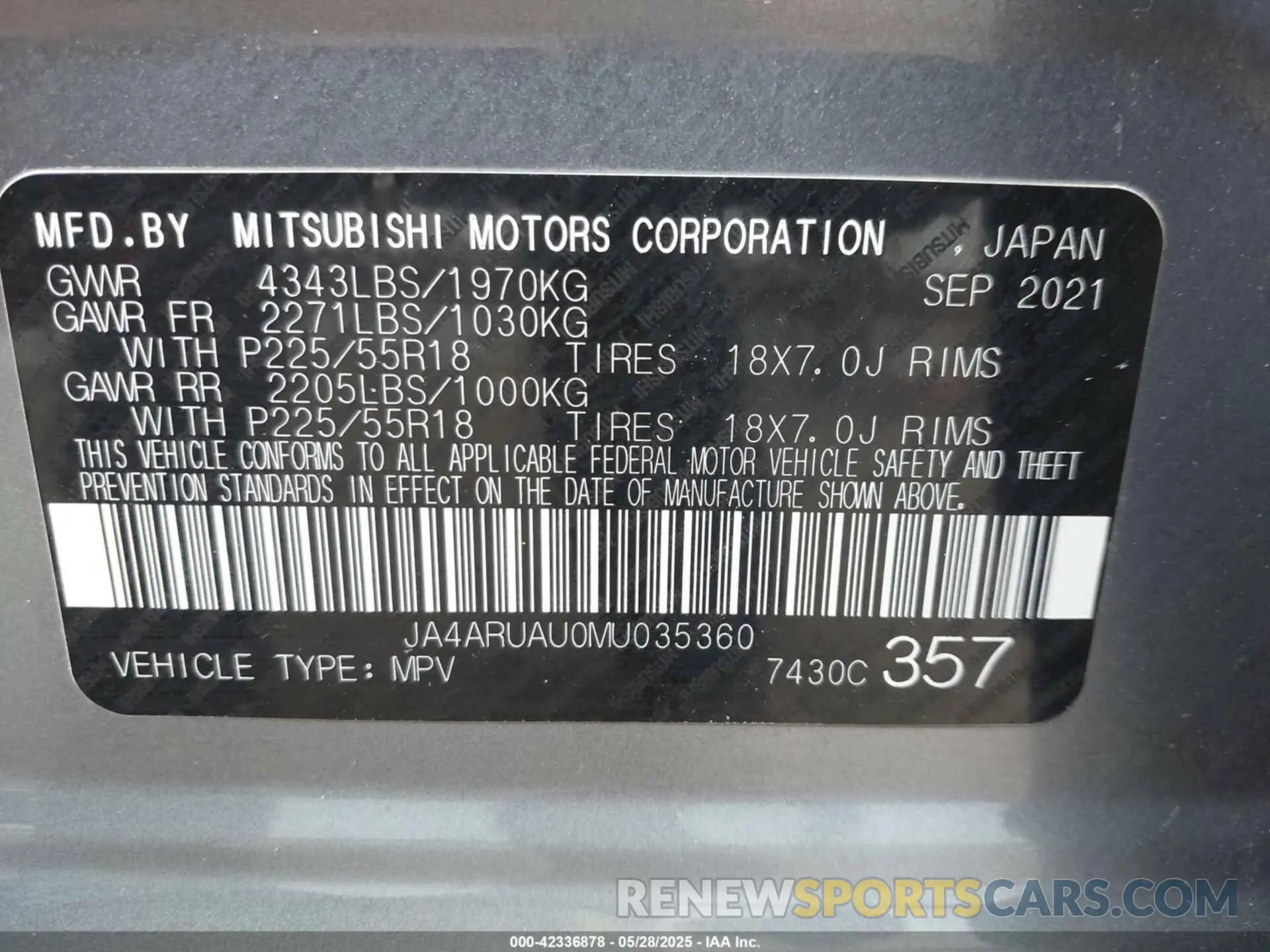 9 Photograph of a damaged car JA4ARUAU0MU035360 MITSUBISHI OUTLANDER SPORT 2021