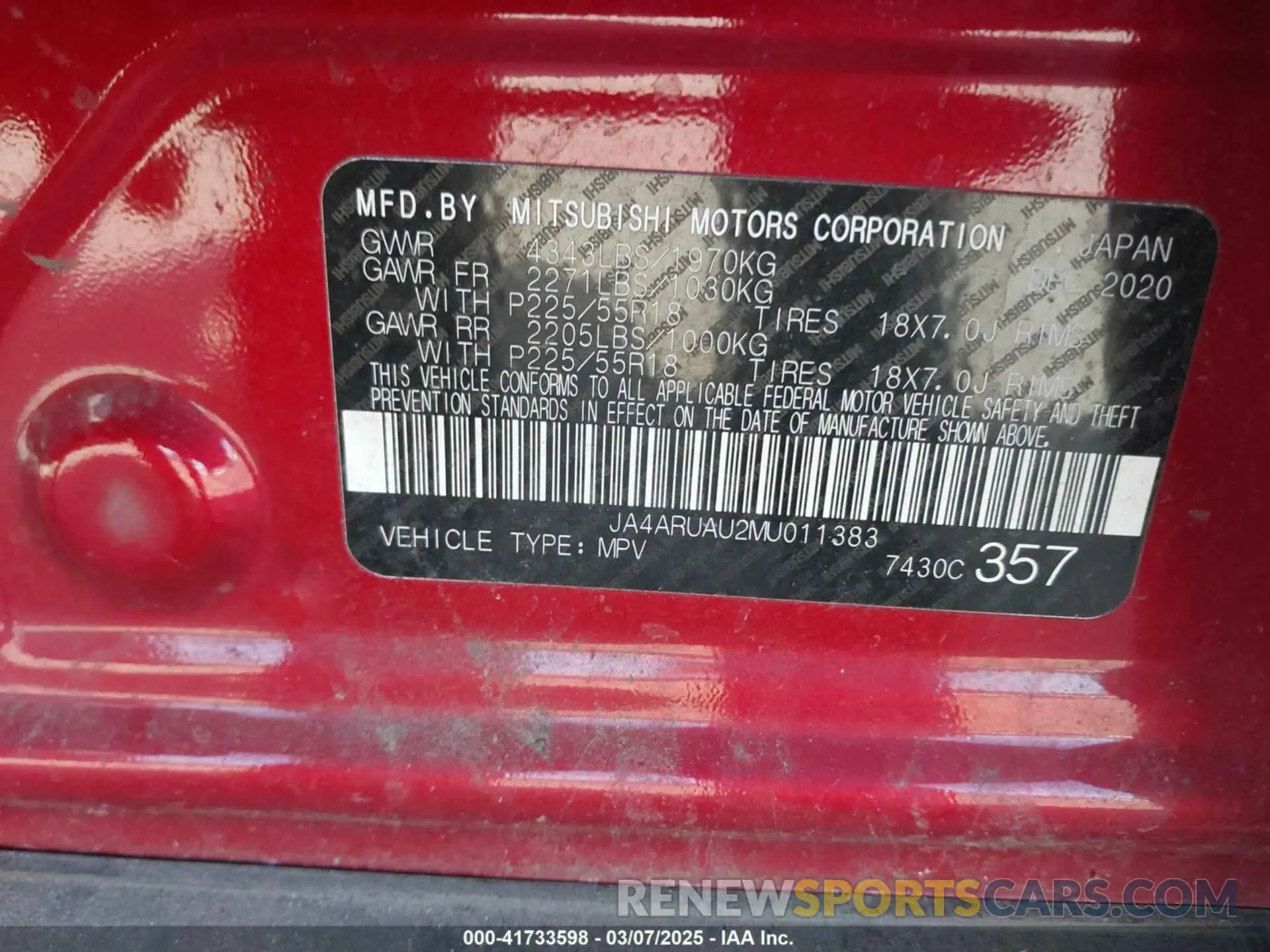 9 Photograph of a damaged car JA4ARUAU2MU011383 MITSUBISHI OUTLANDER SPORT 2021