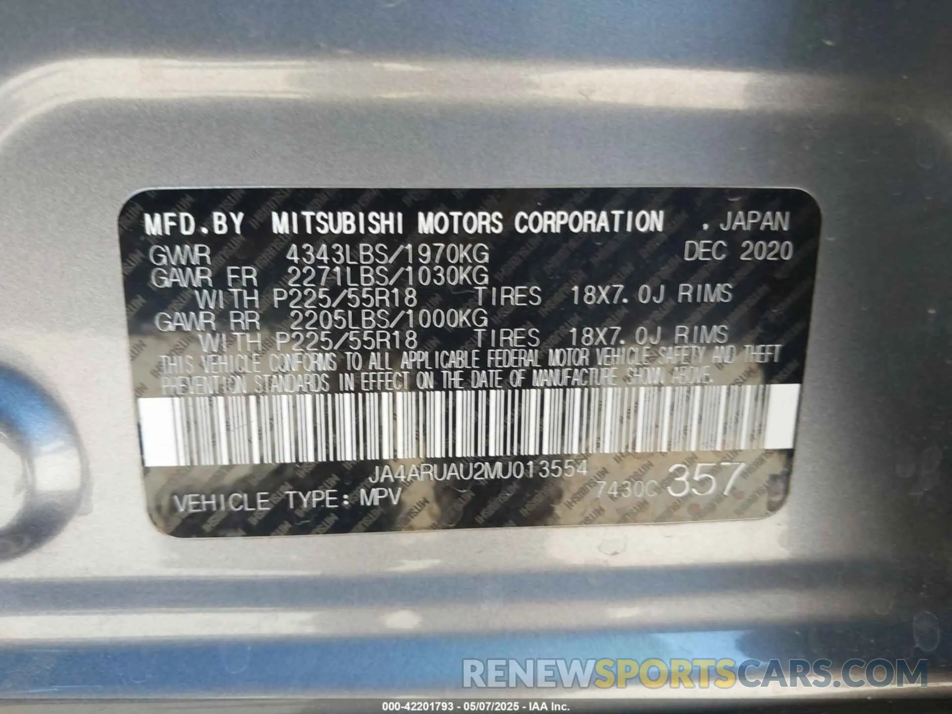 9 Photograph of a damaged car JA4ARUAU2MU013554 MITSUBISHI OUTLANDER SPORT 2021