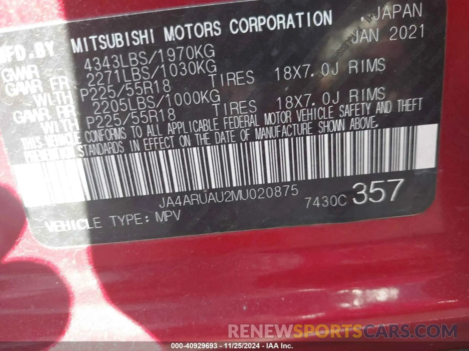 9 Photograph of a damaged car JA4ARUAU2MU020875 MITSUBISHI OUTLANDER SPORT 2021