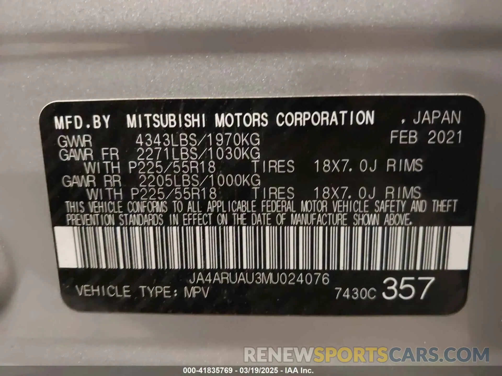 9 Photograph of a damaged car JA4ARUAU3MU024076 MITSUBISHI OUTLANDER SPORT 2021