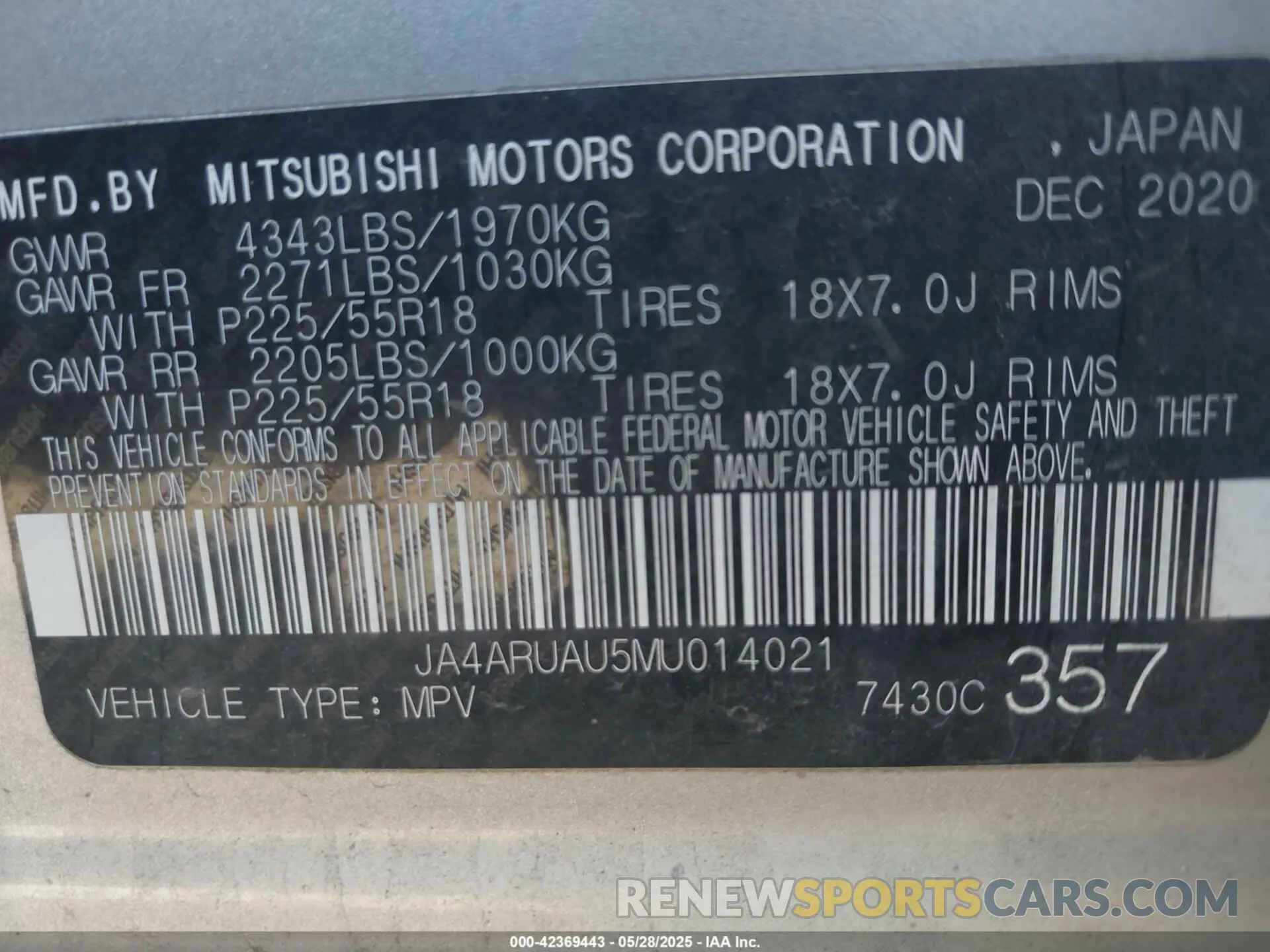 9 Photograph of a damaged car JA4ARUAU5MU014021 MITSUBISHI OUTLANDER SPORT 2021