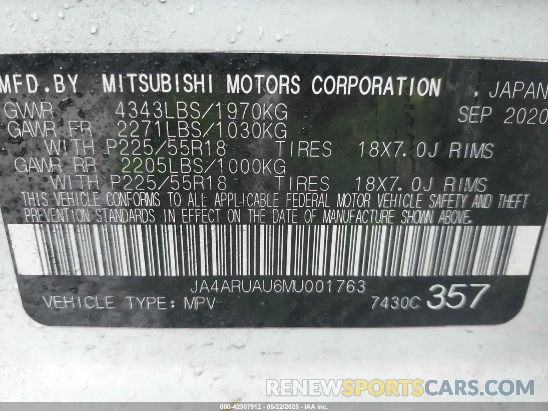 9 Photograph of a damaged car JA4ARUAU6MU001763 MITSUBISHI OUTLANDER SPORT 2021