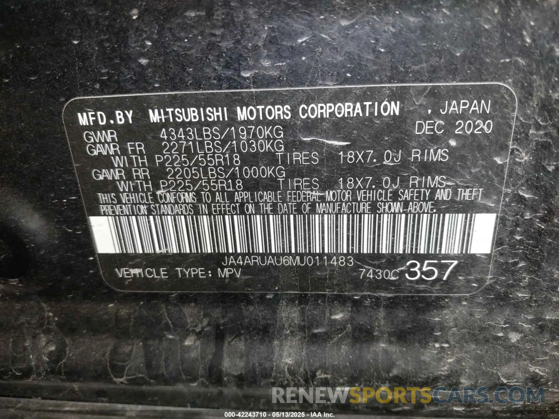 9 Photograph of a damaged car JA4ARUAU6MU011483 MITSUBISHI OUTLANDER SPORT 2021