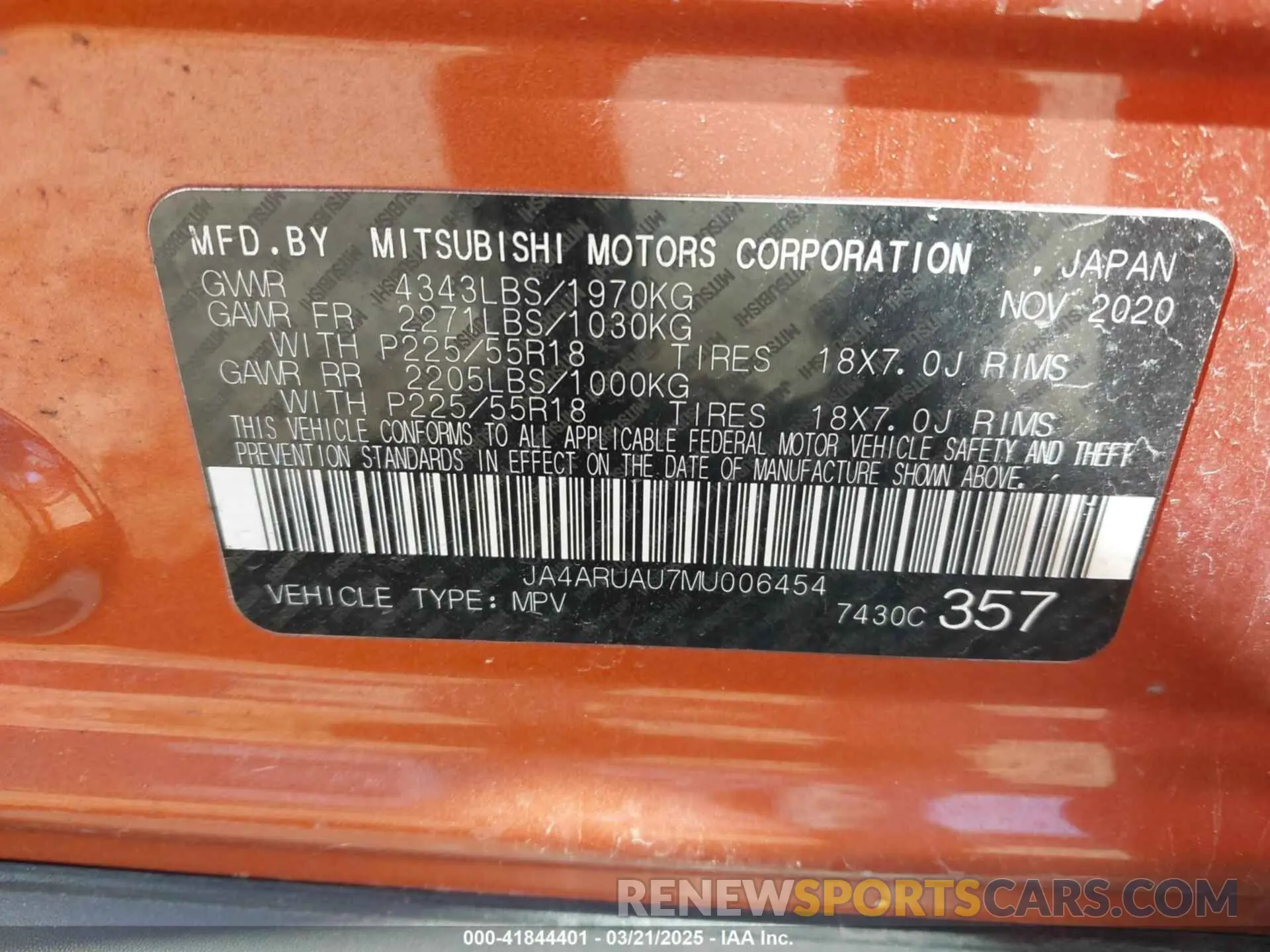 9 Photograph of a damaged car JA4ARUAU7MU006454 MITSUBISHI OUTLANDER SPORT 2021