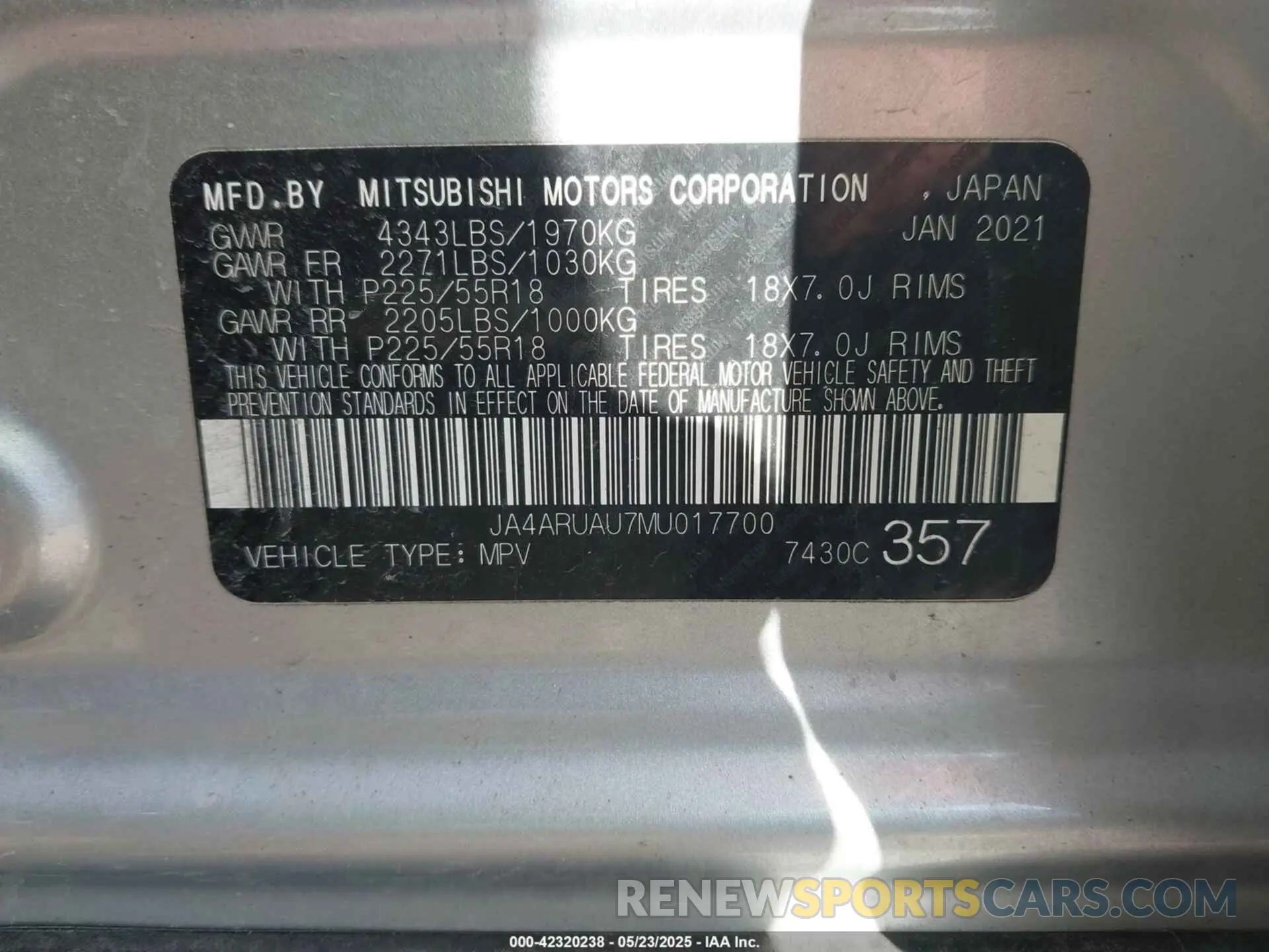 9 Photograph of a damaged car JA4ARUAU7MU017700 MITSUBISHI OUTLANDER SPORT 2021